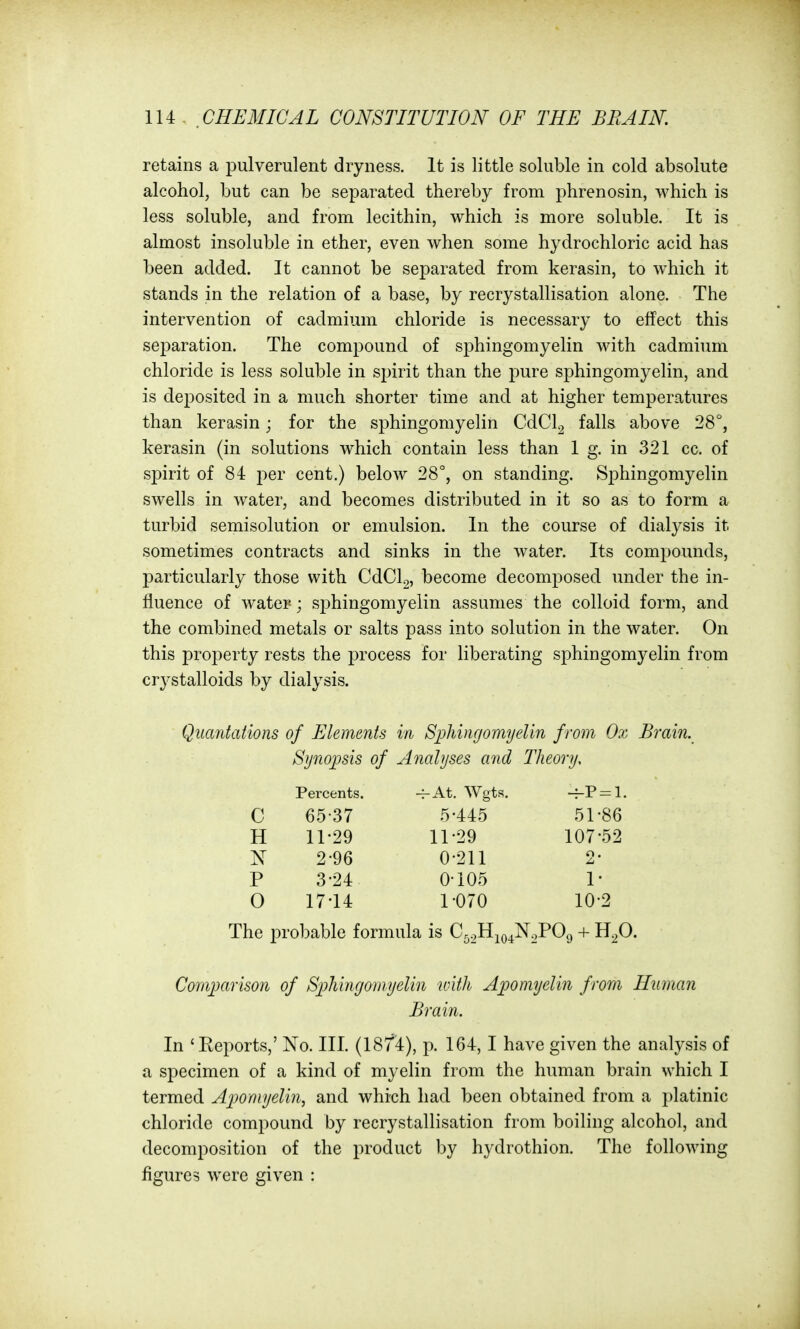 retains a pulverulent dryness. It is little soluble in cold absolute alcohol, but can be separated thereby from phrenosin, which is less soluble, and from lecithin, which is more soluble. It is almost insoluble in ether, even when some hydrochloric acid has been added. It cannot be separated from kerasin, to which it stands in the relation of a base, by recrystallisation alone. The intervention of cadmium chloride is necessary to effect this sej^aration. The compound of sphingomyelin with cadmium chloride is less soluble in spirit than the pure sphingomyelin, and is deposited in a much shorter time and at higher temperatures than kerasin; for the sphingomyelin CdCl2 falls above 28°, kerasin (in solutions which contain less than 1 g. in 321 cc. of spirit of 84 per cent.) below 28°, on standing. Sphingomyelin swells in water, and becomes distributed in it so as to form a turbid semisolution or emulsion. In the course of dialysis it sometimes contracts and sinks in the w^ater. Its compounds, particularly those with CdClg, become decomposed under the in- fluence of water; sphingomyelin assumes the colloid form, and the combined metals or salts pass into solution in the water. On this property rests the process for liberating sphingomyelin from crystalloids by dialysis. Quantaiions of Elements in Sphingomyelin from Ox Brain. Synopsis of Analyses and Theory, Percents. -hAt. Wgts. c 65-37 5-445 51-86 H 11-29 11-29 107-52 2-96 0-211 9. P 3-24 0-105 1- 0 17-14 1-070 10-2 The probable formula is C^^H^q^NoPOc) + H^O. Comparison of Sphingomyelin witli Aponiyelin from Human Brain. In 'Eeports,' No. III. (1874), p. 164,1 have given the analysis of a specimen of a kind of myelin from the human brain which I termed Aponiyelin, and which had been obtained from a platinic chloride compound by recrystallisation from boiling alcohol, and decomposition of the product by hydrothion. The following figures were given :