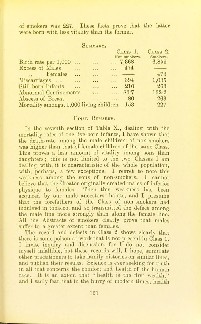 of smokers was 227. These facts prove that the latter were born with less vitality than the former. Summary. Class 1. Class 2. Non-smokers. Smokers. Birth rate per 1,000 7,368 Excess of Males 474 6,859 I) J- CiilOilCO ... ... ... Miscarriages ... ... ... ... 394 Still-born Infants 210 Abnormal Confinements ... ... 83'7 Abscess of Breast ... ... ... 80 Mortality amongst 1,000 living children 153 Females 473 1,035 263 132-2 263 227 Final Remarks. In the seventh section of Table X., dealing with the mortality rates of the live-born infants, I have shown that the death-rate among the male children of non-smokers was higher than that of female children of the same Class. This proves a less amount of vitality among sons than daughters; this is not limited to the two Classes I am dealing with, it is characteristic of the whole population, with, perhaps, a few exceptions. I regret to note this weakness among the sons of non-smokers. I cannot believe that the Creator originally created males of inferior physique to females. Then this weakness has been acquired by our male ancestors' habits, and I presume that the forefathers of the Class of non-smokers had indulged in tobacco, and so transmitted the defect among the male line more strongly than along the female line. All the Abstracts of smokers clearly prove that males sulfer to a greater extent than females. The record and defects in Class 2 shows clearly that there is some poison at work that is not present in Class 1. I invite inquiry and discussion, for I do not consider myself infallible, but these records will, I hope, stimulate other practitioners to take family histories on similar lines, and publish their results. Science is ever seeking for truth in all that concerns the comfort and health of the human race. It is an axiom that health is the first wealth, and I sadly fear that in the hurry of modern times, health