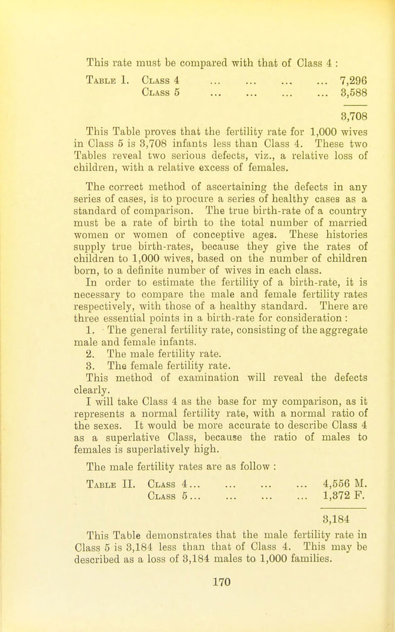 This rate must be compared with that of Class 4 : Table 1. Class 4 7,296 Class 5 3,588 3,708 This Table proves that the fertility rate for 1,000 wives in Class 5 is 3,708 infants less than Class 4. These two Tables reveal two serious defects, viz., a relative loss of children, with a relative excess of females. The correct method of ascertaining the defects in any series of cases, is to procure a series of healthy CELS6S BjS 8« standard of comparison. The true birth-rate of a country must be a rate of birth to the total number of married women or women of conceptive ages. These histories supply true birth-rates, because they give the rates of children to 1,000 wives, based on the number of children born, to a definite number of wives in each class. In order to estimate the fertility of a birth-rate, it is necessary to compare the male and female fertility rates respectively, with those of a healthy standard. There are three essential points in a birth-rate for consideration : 1. • The general fertility rate, consisting of the aggregate male and female infants. 2. The male fertility rate. 3. The female fertility rate. This method of examination will reveal the defects clearly. I will take Class 4 as the base for my comparison, as it represents a normal fertility rate, with a normal ratio of the sexes. It would be more accurate to describe Class 4 as a superlative Class, because the ratio of males to females is superlatively high. The male fertility rates are as follow : Table 11. Class 4 4,556 M. Class 5 1,872 F. 3,184 This Table demonstrates that the male fertility rate in Class 5 is 3,184 less than that of Class 4. This may be described as a loss of 3,184 males to 1,000 families.