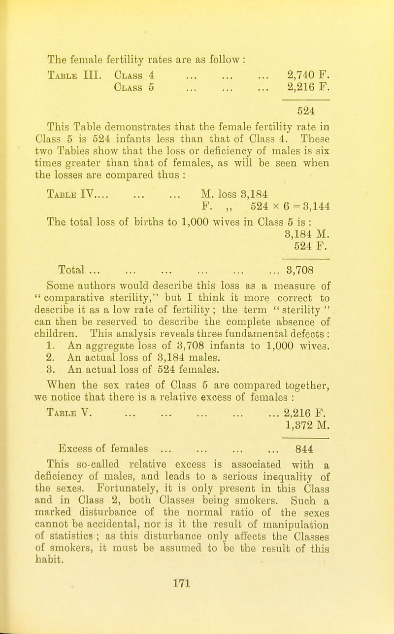 The female fertiliiiy rates are as follow : Table III. Class 4 2,740 F. Class 5 2,216 F. 524 This Table demonstrates that the female fertility rate in Class 5 is 524 infants less than that of Class 4. These two Tables show that the loss or deficiency of males is six times greater than that of females, as will be seen when the losses are compared thus : Table IV M. loss 3,184 F. „ 524 x 6 = 3,144 The total loss of births to 1,000 wives in Class 5 is : 3,184 M. 524 F. Total 8,708 Some authors would describe this loss as a measure of  comparative sterility, but I think it more correct to describe it as a low rate of fertility ; the term  sterility  can then be reserved to describe the complete absence of children. This analysis reveals three fundamental defects : 1. An aggregate loss of 3,708 infants to 1,000 wives. 2. An actual loss of 3,184 males. 3. An actual loss of 524 females. When the sex rates of Class 5 are compared together, we notice that there is a relative excess of females : Table V 2,216 F. 1,372 M. Excess of females 844 This so-called relative excess is associated with a deficiency of males, and leads to a serious inequality of the sexes. Fortunately, it is only present in this Class and in Class 2, both Classes being smokers. Such a marked disturbance of the normal ratio of the sexes cannot be accidental, nor is it the result of manipulation of statistics ; as this disturbance only affects the Classes of smokers, it must be assumed to be the result of this habit.