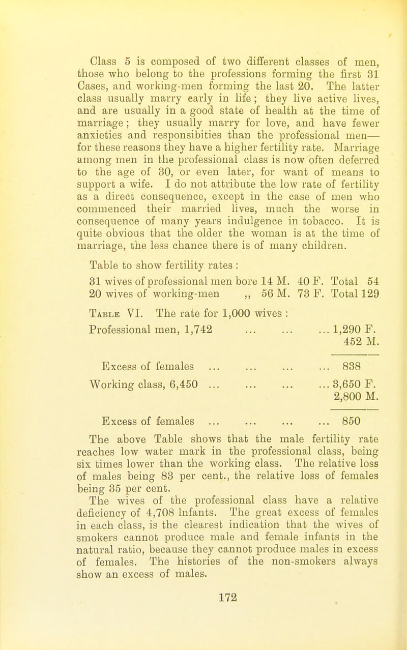 Class 5 is composed of two different classes of men, those who belong to the professions forming the first 31 Cases, and worl{ing-men forming the last 20. The latter class usually marry early in life ; they live active lives, and are usually in a good state of health at the time of marriage; they usually marry for love, and have fewer anxieties and responsibities than the professional men— for these reasons they have a higher fertility rate. Marriage among men in the professional class is now often deferred to the age of 30, or even later, for want of means to support a wife. I do not attribute the low rate of fertility as a direct consequence, except in the case of men who commenced their married lives, much the worse in consequence of many years indulgence in tobacco. It is quite obvious that the older the woman is at the time of marriage, the less chance there is of many children. Table to show fertility rates : 81 wives of professional men bore 14 M. 40 F. Total 54 20 wives of working-men „ 56 M. 73 F. Total 129 Table VI. The rate for 1,000 wives : Professional men, 1,742 1,290 F. 452 M. Excess of females ... ... 838 Working class, 6,450 3,650 F. 2,800 M. Excess of females ... ... ... ... 850 The above Table shows that the male fertility rate reaches low water mark in the professional class, being six times lower than the working class. The relative loss of males being 83 per cent., the relative loss of females being 35 per cent. The wives of the professional class have a relative deficiency of 4,708 Infants. The great excess of females in each class, is the clearest indication that the wives of smokers cannot produce male and female infants in the natural ratio, because they cannot produce males in excess of females. The histories of the non-smokers always show an excess of males.