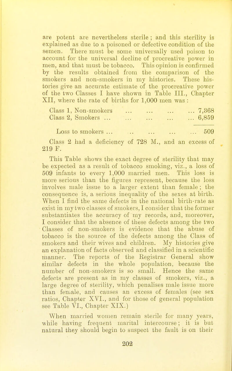 are potent are nevertheless sterile ; and this sterility is explained as due to a poisoned or defective condition of the semen. There must be some universally used poison to account for the universal decline of procreative power in men, and that must be tobacco. This opinion is confirmed by the results obtained from the comparison of the smokers and non-smokers in my histories. These his- tories give an accurate estimate of the procreative power of the two Classes I have shown in Table III., Chapter XII, where the rate of births for 1,000 men was : Class 1, Non-smokers ... ... ... ... 7,368 Class 2, Smokers 6,859 Loss to smokers ... ... ... ... ... 509 Class 2 had a deficiency of 728 M., and an excess of 219 F. This Table shows the exact degree of sterility that may be expected as a result of tobacco smoking, viz., a loss of 509 infants to every 1,000 married men. This loss is more serious than the figures represent, because the loss involves male issue to a larger extent than female ; the consequence is, a serious inequality of the sexes at birth. When I find the same defects in the national birth-rate as exist in my two classes of smokers, I consider that the former substantiates the accuracy of my i-ecords, and, moreover, I consider that the absence of these defects among the two Classes of non-smokers is evidence that the abuse of tobacco is the source of the defects among the Class of smokers and their wives and children. My histories give an explanation of facts observed and classified in a scientific manner. The reports of the Registrar General show similar defects in the whole population, because the number of non-smokers is so small. Hence the same defects are present as in my classes of smokers, viz., a large degree of sterility, which penalises male issue more than female, and causes an excess of females (see sex ratios. Chapter XVI., and for those of general population see Table VI., Chapter XIX.) When married women remain sterile for many years, while having frequent marital intercourse; it is but natural they should begin to suspect the fault is on their