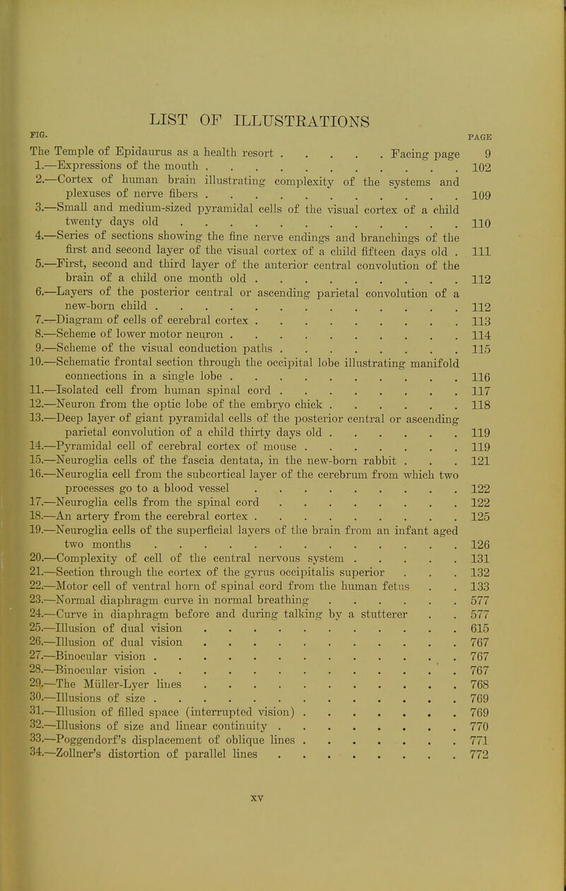 LIST OF ILLUSTRATIONS J'IG. PAGE The Temple of Epidaiirus as a health resort racing page 9 1.—Expressions of the mouth 102 2— Cortex of himian brain illustrating complexity of the systems and plexuses of nerve fibers 109 3— Small and medium-sized pyramidal cells of the visual cortex of a child twenty days old 110 4. —Series of sections showing the fine nerve endings and branchings of the first and second layer of the visual cortex of a child fifteen days old . Ill 5. —First, second and third layer of the anterior central convolution of the brain of a child one month old 112 6. —Layers of the posterior central or ascending parietal convolution of a new-born child 112 7. —Diagram of cells of cerebral cortex 113 8. —Scheme of lower motor neuron 114. 9. —Scheme of the visual conduction paths 115 10. —Schematic frontal section through the occipital lobe illustrating manifold connections in a single lobe 116 11. —Isolated cell from human spinal cord 117 12. —Neuron from the optic lobe of the embryo chick 118 13. —Deep layer of giant pyramidal cells of the posterior central or ascending parietal convolution of a child thirty days old 119 14. —Pyramidal cell of cerebral cortex of mouse 119 15. —Neuroglia cells of the fascia dentata, in the new-born rabbit . . . 121 16. —Neuroglia cell from the subcortical layer of the cerebrum from which two processes go to a blood vessel 122 17. —Neuroglia cells from the spinal cord 122 18. —An artery from the cerebral cortex 125 19. —Neuroglia cells of the superficial layers of the brain from an infant aged two months 126 20. —Complexity of cell of the central nervous system 131 21. —Section through the coi-tex of the gyrus occipitalis superior . . . 132 22. —Motor cell of ventral horn of spinal cord from the human fetus . . 133 23. —Normal diaphragm curve in normal breathing 577 24. —Curve in diaphragm before and during talking by a stutterer . . 577 25. —^Illusion of dual vision 615 26. —Illusion of dual vision 767 27. —Binocular vision 767 28. —^Binocular vision 767 29. —The Miiller-Lyer lines 768 30. —Illusions of size 769 31. —Illusion of filled space (interrupted vision) 769 32. —Illusions of size and linear continuity 770 33. —Poggendorf's displacement of oblique lines 771 34. —Zollner's distortion of parallel lines 772