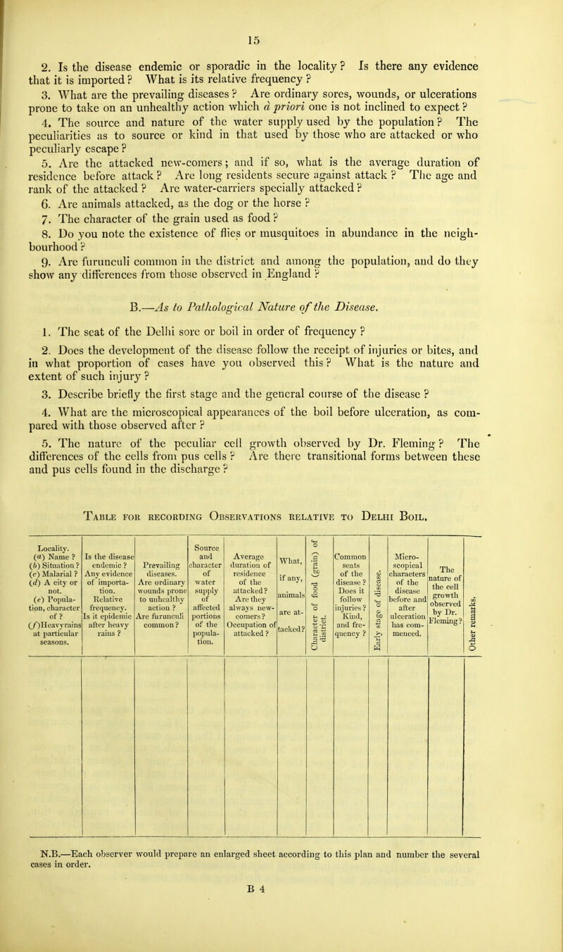 2. Is the disease endemic or sporadic in the locality ? Is there any evidence that it is imported ? What is its relative frequency ? 3. What are the prevailing diseases ? Are ordinary sores, wounds, or ulcerations prone to take on an unhealthy action which d priori one is not inclined to expect ? 4. The source and nature of the water supply used by the population ? The peculiarities as to source or kind in that used by those who are attacked or who peculiarly escape ? 5. Are the attacked new-comers; and if so, what is the average duration of residence before attack ? Are long residents secure against attack ? The age and rank of the attacked ? Are water-carriers specially attacked ? 6. Are animals attacked, as the dog or the horse ? 7. The character of the grain used as food ? 8. Do you note the existence of flies or musquitoes in abundance in the neigh- bourhood ? 9. Are furunculi common in ihe district and among the population, and do they show any differences from those observed in England ? B.—As to Patliological Nature of the Disease. 1. The seat of the Delhi sore or boil in order of frequency ? 2. Does the development of the disease follow the receipt of injuries or bites, and in what proportion of cases have you observed this ? What is the nature and extent of such injury ? 3. Describe briefly the first stage and the general course of the disease ? 4. What are the microscopical appearances of the boil before ulceration, as com- pared with those observed after ? 5. The nature of the peculiar cell growth observed by Dr. Fleming ? The diflerences of the cells from pus cells ? Are there transitional forms between these and pus cells found in the discharge ? Table for recording Observations relative to Delhi Boil. Locality, (a) Name ? (6) Situation ? (c) Malarial ? (d) A city or not. (e) Popula- tion, character of? (/)l-leavyrains at particular seasons. Is the disease endemic ? Any evidence of importa- tion. Relative frequency. Is it epidemic after heavy rains ? Prevailing diseases. Are ordiuarj' wounds prone to unhealthy action ? Are furunculi common ? Source and character of water supply of affected portions of the popula- tion. Average duration of residence of the attacked? Are they always new- comers ? Occupation of attacked ? What, if any, animals are at- tacked? Common seats of the disease ? Does it follow injuries ? Kiud, and fre- quency ? Micro- scopical characters of the disease before and after ulceration has com- menced. The nature of the cell growth observed by Dr. Fleming ? N.B.—Each observer would prepare an enlarged sheet according to this plan and number the several cases in order.