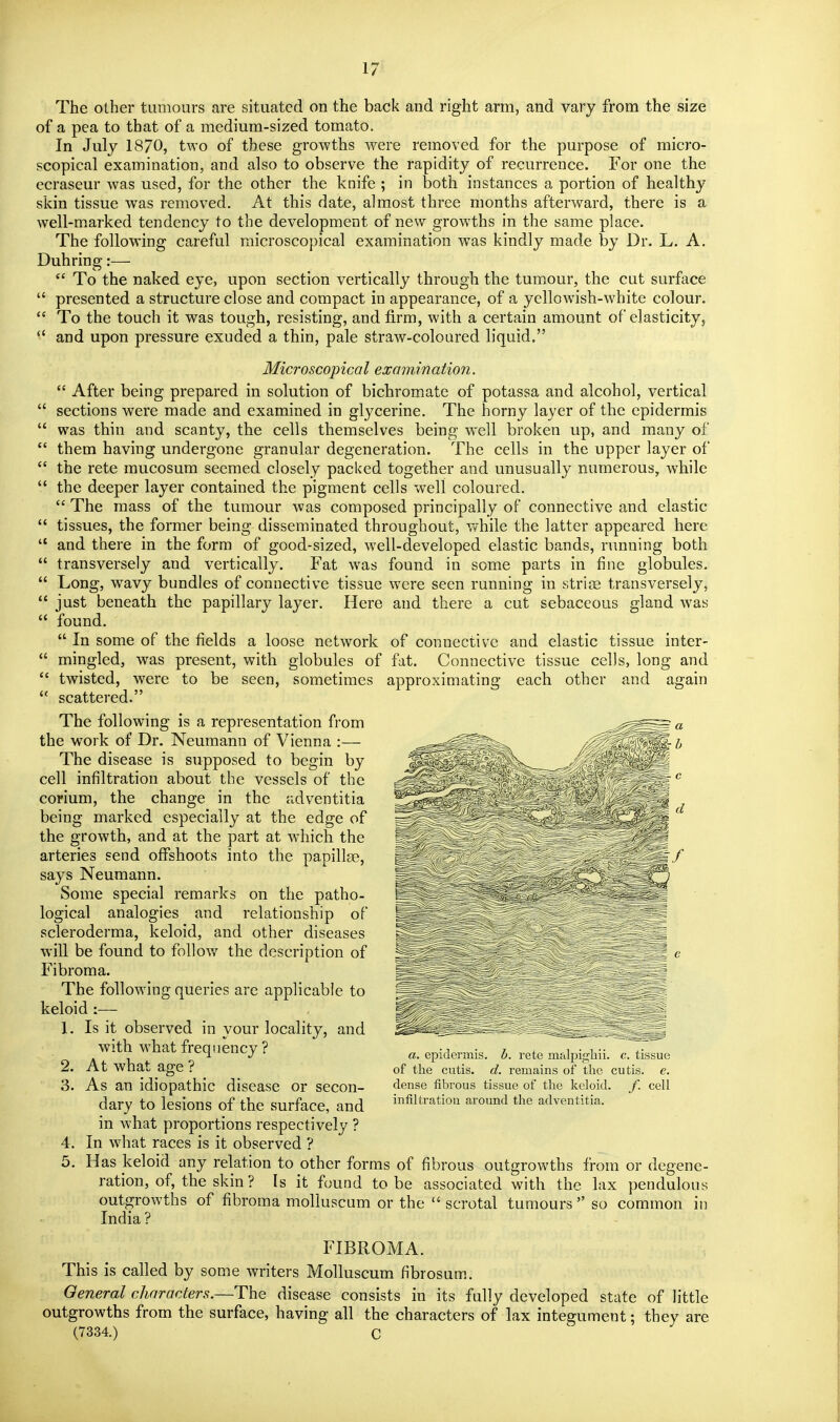 The other tumours are situated on the back and right arm, and vary from the size of a pea to that of a medium-sized tomato. In July 1870, two of these growths were removed for the purpose of micro- scopical examination, and also to observe the rapidity of recurrence. For one the ecraseur was used, for the other the knife ; in both instances a portion of healthy skin tissue was removed. At this date, almost three months afterward, there is a well-marked tendency to the development of new growths in the same place. The following careful microscopical examination was kindly made by Dr. L. A, Duhring:—  To the naked eye, upon section vertically through the tum.our, the cut surface  presented a structure close and compact in appearance, of a yellowish-white colour.  To the touch it was tough, resisting, and firm, with a certain amount of elasticity,  and upon pressure exuded a thin, pale straw-coloured liquid. Microscopical examination.  After being prepared in solution of bichromate of potassa and alcohol, vertical sections were made and examined in glycerine. The horny layer of the epidermis was thin and scanty, the cells themselves being well broken up, and many of them having undergone granular degeneration. The cells in the upper layer of the rete mucosum seemed closely packed together and unusually numerous, while the deeper layer contained the pigment cells well coloured.  The mass of the tumour was composed principally of connective and elastic tissues, the former being disseminated throughout, while the latter appeared here and there in the form of good-sized, well-developed elastic bands, nmning both transversely and vertically. Fat was found in some parts in fine globules. Long, wavy bundles of connective tissue were seen running in striae transversely, just beneath the papillary layer. Here and there a cut sebaceous gland was found.  In some of the fields a loose network of connective and elastic tissue inter- mingled, was present, with globules of fat. Connective tissue cells, long and twisted, were to be seen, sometimes approximating each other and again scattered. The following is a representation from the work of Dr. Neumann of Vienna :— The disease is supposed to begin by cell infiltration about the vessels of the corium, the change in the adventitia being marked especially at the edge of the growth, and at the part at which the arteries send offshoots into the papillge, says Neumann. Some special remarks on the patho- logical analogies and relationship of scleroderma, keloid, and other diseases will be found to follov/ the description of Fibroma. The following queries are applicable to keloid :— 1. Is it observed in your locality, and with what frequency ? 2. At what age ? 3. As an idiopathic disease or secon- dary to lesions of the surface, and in what proportions respectively ? 4. In what races is it observed ? 5. Has keloid any relation to other forms of fibrous outgrowths from or degene- ration, of, the skin ? Is it found to be associated with the lax pendulous outgrowths of fibroma molluscum or the  scrotal tumours  so common in India ? FIBROMA. This is called by some writers Molluscum fibrosum. General characters.—The disease consists in its fully developed state of little outgrowths from the surface, having all the characters of lax integument; they are (7334.) C : J d a. epidermis, b. rete malpigliii. c. tissue of the cutis, d. remains of the cutis, e. dense fibrous tissue of the keloid, f. cell infiltration around the adventitia.