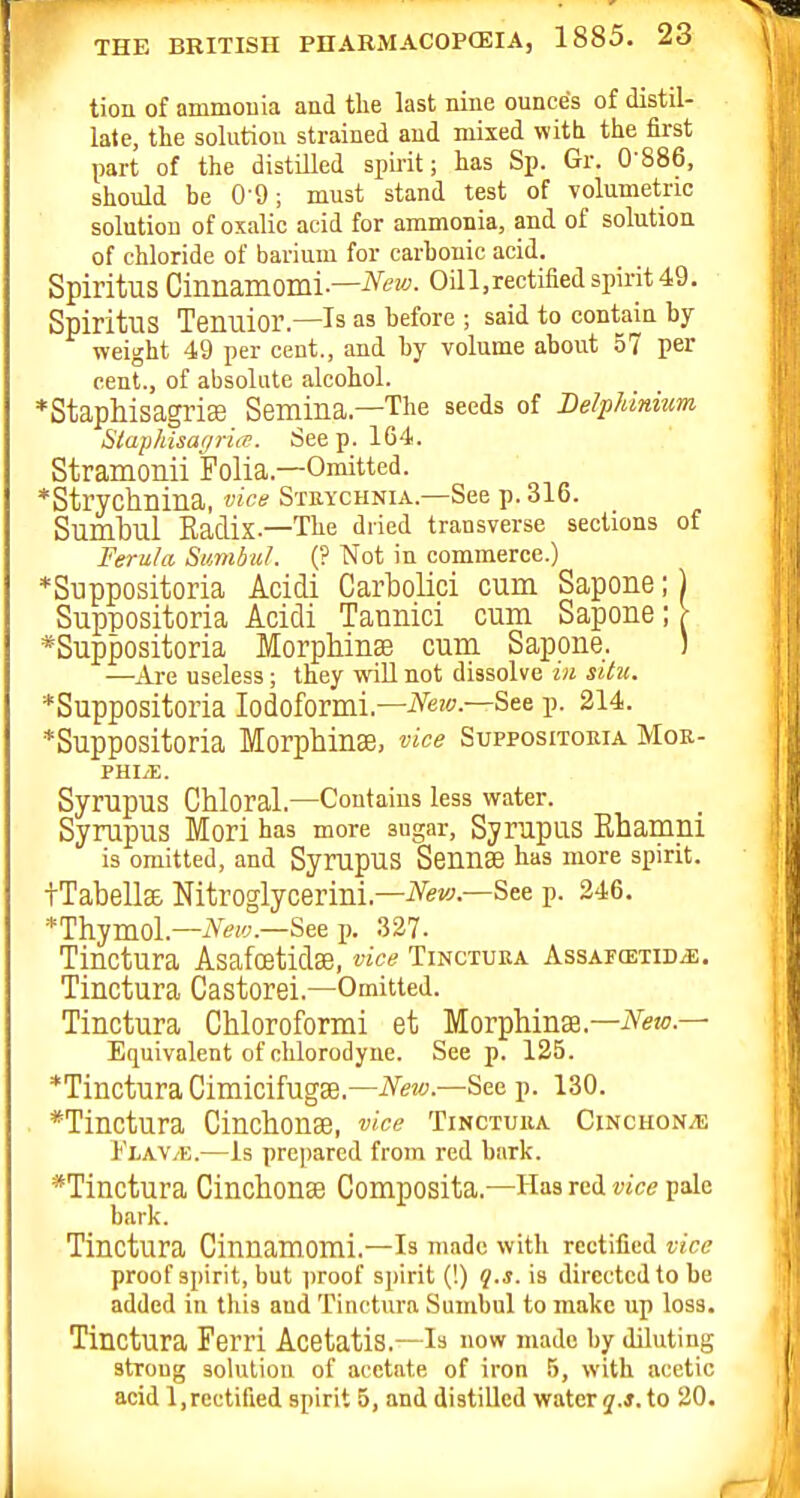 tion of ammouia and tlie last nine ounces of distil- late, tlie solution strained and mixed with the first part of the distilled sinrit; lias Sp. Gr. 0'886, should be 0-9; must stand test of volumetric solution of oxalic acid for ammonia, and of solution of chloride of barium for carbonic acid. Spiritus Cinnamomi.—-iVtfz«. OUl,rectified spirit49. Spiritus Tenuior—Is as before ; said to contain by weight 49 per cent., and by volume about 57 per cent., of absolute alcohol. ♦Staphisagl'iffi Semina.—The seeds of Delphinium Slaphisar/ruT. Seep. 164. Stramonii Folia.—Omitted. *Strychnma, vice Strychnia.—See p. 316. Sumbul Kadix.—The dried transverse sections of Ferula Sumbul. (? Not in commerce.) *Suppositoria Acidi Carbolici cum Sapone;) Suppositoria Acidi Tannici cum Sapone ; r *Suppositoria Morphinse cum Sapone. ) —Are useless; they will not dissolve in situ. *Suppositoria lodoformi.—iN'ew—See p. 214. *Suppositoria Morphinse, vice Suppositoria Mok- PHI/E. Syrupus Chloral.—Contains less water. Syrupus Mori has more sugar, Syrupus Rhamni is omitted, and SyrupUS SeUUSe has more spirit. tTabellsE Nitroglycerini.—-/^w^-—See p. 246. *Thymol.—A'tfic;.—See p. 327. Tinctura Asafcetidse, vice Tinctura Assaf(etidj:. Tinctura Castorei.—Omitted. Tinctura Chloroformi et Morphinse.—-iVew.— Equivalent of nhlorodyue. Seep. 125. *TincturaCimicifugBe.—-^w—See p. 130. *Tinctura Cinchonse, vice Tinctura Cinchon/E 1'lav/E.—Is prepared from red bark. *Tinctura Cinchonse Composita.—Has red vice pale bark. Tinctura Cinnamomi.—Is made with rectified vice proof spirit, but proof spirit (!) q.s. is directed to be added in this and Tinctura Sumbul to make up loss. Tinctura Ferri Acetatis.—la now made by diluting strong solution of acetate of iron 5, with acetic acid 1,rectified spirit 5, and distilled water j.j. to 20.