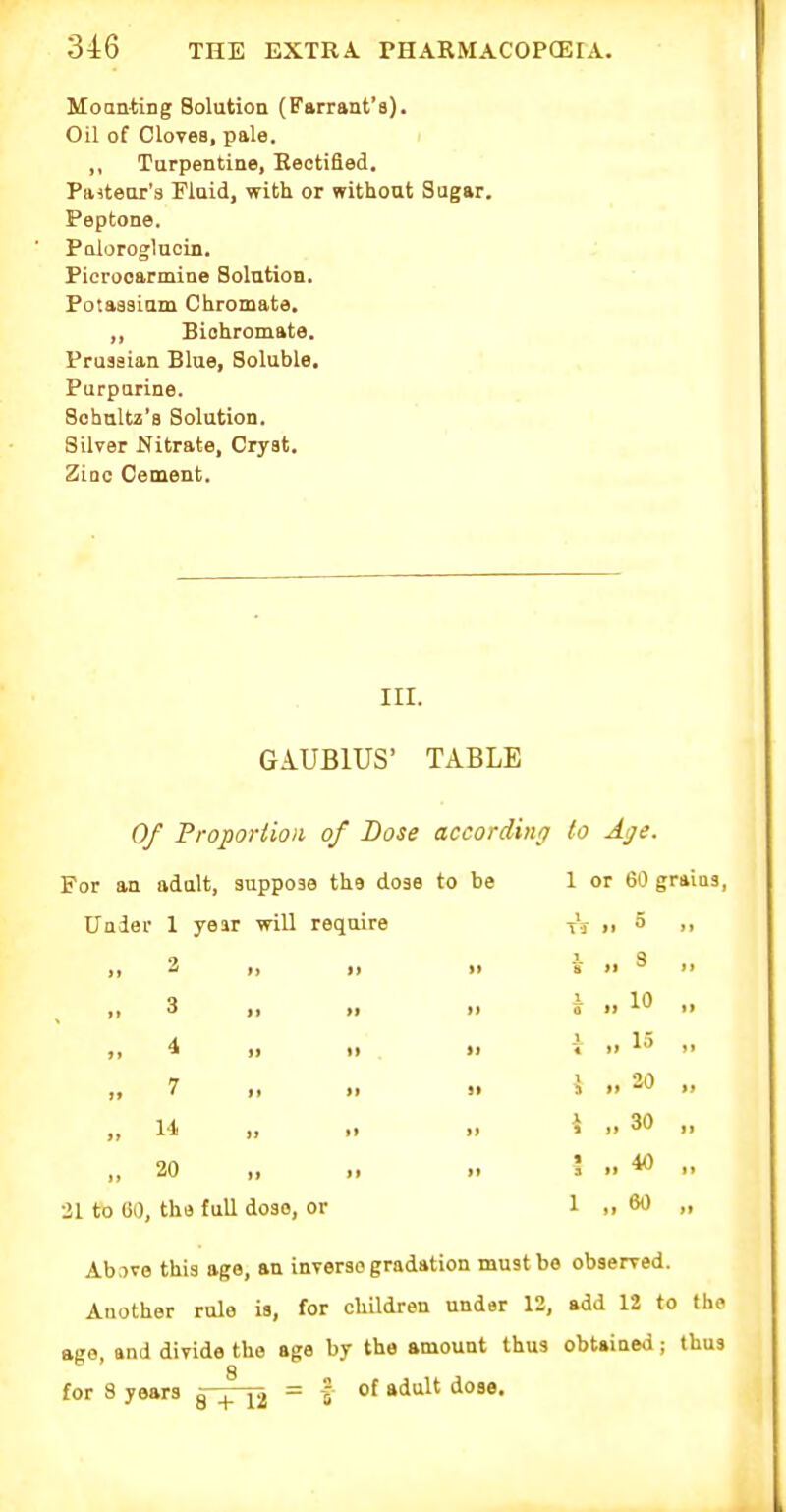 Moanting Solution (Farrant'a). Oil of Cloves, pale. ,, Turpentine, Eeotified. Paiteox's Fluid, with or without Sugar. Peptone. Poloroglucin. Pierooarmiae Solution. Potassium Cbromate. ,, Bichromate. Prussian Blue, Soluble. Purparine. Sohnltz's Solution. Silver Nitrate, Cryat. Ziae Cement. HI. GAUBIUS' TABLE 0/ Proporiioii of Dose according to Aye. For an adult, suppose the dose to be 1 or 60 grains, Uader 1 year will require xi n  3 4 7 14, 20 31 to liO, tha full dose, or .. 3 » 10 „ 15 „ 20 „ 30 „ 40 „ 60 Ab.^ve this age, an inverse gradation must be observed. Another rule is, for children under 12, add 12 to the ago, and divide the age by the amount thus obtained; thus 8 for 8 years g;^ = f of adult dose.