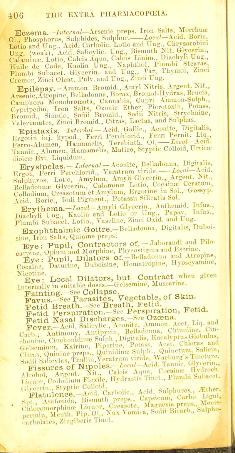 Eczema.—7«'ci-H.//.—Avsenie preps. Iron hulls, Morrhiue 01 Pliospliorus, Sulpliitles, Sulphur. LofK/—Acid. Horic. Lol'io .md UuL'., -Icid. C;irbolie. Lotio and UiiR.. Chrvsarobim Ung. (weak), Acid. Salicylic. Unu^, Bismuth X.t. Glyeerm., Calamina;. Lotio, Calcis Aqua, Calc.s Linim Diachvli L u-., Huile de Cade, Kaolin Un;;., Naphthul, ¥\mnU Stearas, Plunibi Subaoet. Glycerin, and Ung., Tar, Ihnuol, /.luci Cremor, Ziuci Oleat. Pulv. and Unn;., Zinci Unj;. Ecilepsy.—Ammon. Bromid., Amyl >''itris. Argent. Xit., Arseni.' Atropine, Belladonna, Borax, Bromal-Uydrus, Bru.-Ki, Campliora Mouobroraata, Cannabis, Cupri Annuou-Sulph., Cvpripedin, Iron Salts, Ozonic Ether, Picroloxm, Potass. Brorald , Simulo, Sodii Bromid., Sodii Xitris, Strychnme, Valerianates, Zinci Bromid,, Citras, Lactas, and Sulphas. EpistaxiS.-/'f.-'!„i- Acid. Gallic., Aconite, Digitalis, l.rROtiu ini. hypod., Ferri Pereblorid., lern Pernit. Liq Kerro-.Uumen,' Haunimelis, Terebuith. Ol. —ic.c;.//--ic.d. Tannic, Alumen, Hamamelis, Malico, Styptic CoUoid, Urtu-.e dioiea' Ext. Liquiduni. _ Erysipelas.-Aconite, Belladonna, Dijiitalis, Fr.'ot Ferri Perchlorid., Veratrum viride. Load-Mxd. s'urphuros. Lotio, .Vmylum, .imyli Glycerin., -A.rgent. Nit., Belladonme Glycerin., Calamnue Lotio, Cocaiiue Ceratuni, CoUodium, CreasotumetAniylum, Erirotine m Sol., Gossyp. Veid Boric., lodi Pigment., Potassii SiUcatis Sol. ' Erythema.-Xoea«-Amyli Glycerin., Antliemid. I.ifus., IMacbvli Ung., Kaolin and Lotio or Lng. Papav. Infu.., Plumbi Subacet. Lotio., Vaseline, Zinci Oxid. and Lug. Exophthalmic Goitre.-Belladonna, Digitalis, Duboi- sine. Iron Sails, Quinine preps. ^ Eve: Pupil, Contractors of.-Jl'o^Jl^dl and P.lo- c-,n.b,e Opium and Morphine, Phy-ostignia and Eserme. Eve' Pupil, Dilators of.-Belladonna and Atropine, Cocabfe', Daturine, Duboisiue, Homatrop.ne, Uyoseyamine, ^ Eve-'Local Dilators, but Contract. wben given Intcrnaily in suitable doses.—Gelsemine, Musrar.ne. ll^^^'^aS^l^ vegetable, Of Skin. ^^^;;r^l!^^^^i^on, Eetid. ■Petid Nasal Discharges.See Ozoena. ..|^;;ii^;o;:yft^^;^^^ :.,n: •;,e,^iiich.,,n;^i,... -j^^. ^;::^^^;^tJt:^f::i ^; ::;Tu;;,i,^ pps.,< i;;idd;n,eSuln^ tMine,u,n Sabein, S di s ii 'vI s Tha b.^^^■ralrllmvil■ii^ Warbure'.s linctm-e. ^'^ ssures of N>pole^^^.-;^A.d^anm. tj.y,.nn.. fJ;;;^'r'c,m;^^;;uu ,^:iie.\iyJni?Tinc.., Pl«u.bi Siibaeet. . arbolates, Zingibens Tiiiet.