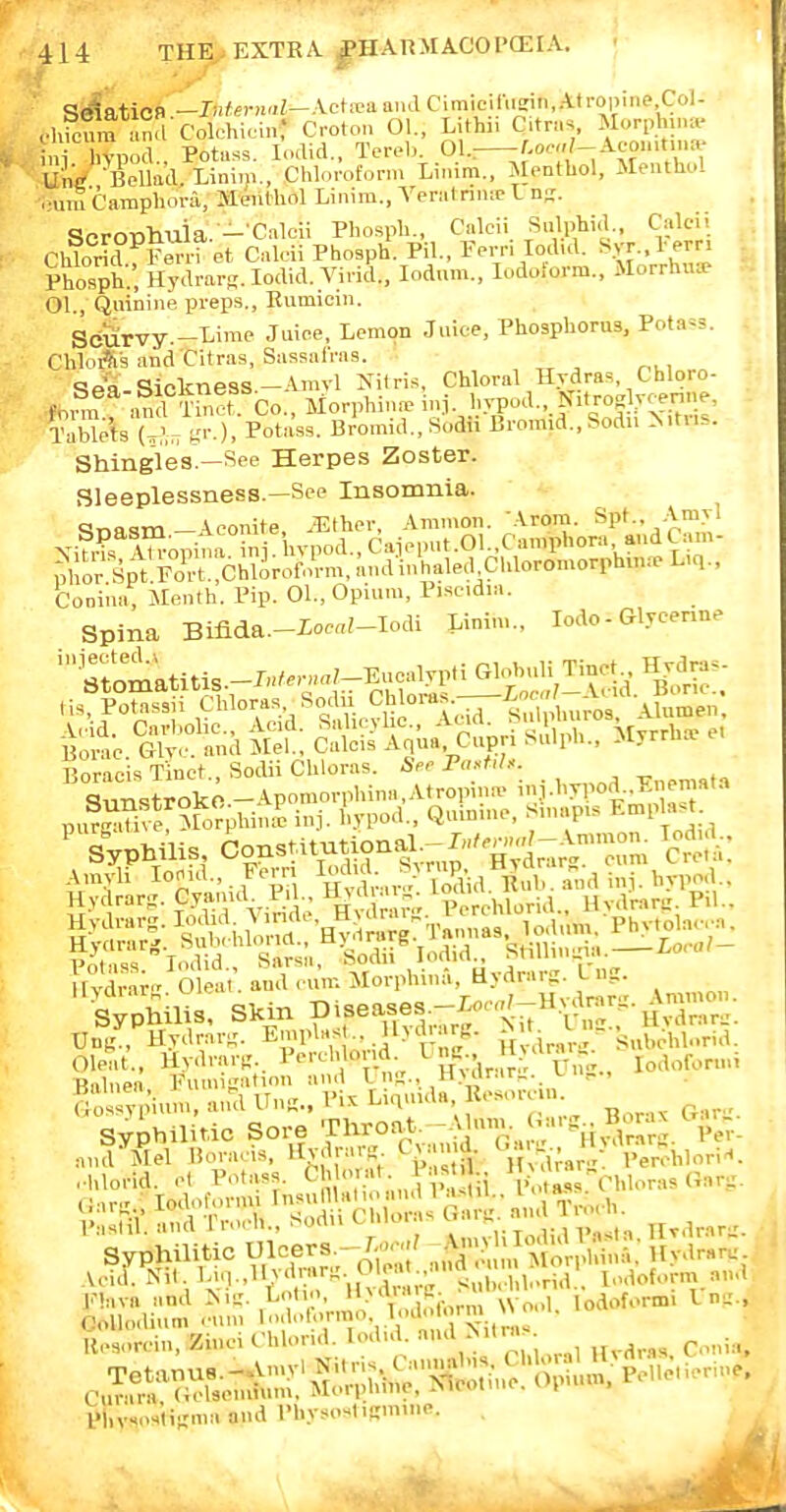 4 1 4 THE. EXTRA. ^HARMACOPCEIA. S^atiCfl.-J'«-»'''--^ct,u.a aiul CnmicilM^it^Atl•op;ne Col- ,.l,icum ami Colohiui.,: Crotc, 01., Lith.. C.tras Morph.na- , Vpod . Potass. lodid,, Tei-eb. 01.—f-o'/-Aeo.nt..u.- Un'c Bollad. Lining., Chlorofonn Li.nm., Menthol, Menthol . iimCamphora, Meiithol Linim., VernInnipL n-. ScrOBlluia.-'Calcii Phosph., Calcii Sulphid Calcii Chlorid f F^- i et Caldi Phosph. Pil., Eevri lodul. ^^.V^.. l' e. Ph09ph:,Hydrars. lodid. Vivid., lodum., lodoiorm., Morrhu:e :01., Quinine pi-eps., Rumiein. Scurvy.-Lime Juice, Lemon Juice, Phosphorus. Potass. rhloA's and Citras, Sassafras. Sea-Siokness.-Amvl Nitris, Chloral Hydras, Chloro- ^.,l^.f and°K Co.,Morphina.in.i hypod., Tablets {,>,r, Potass. Bromid., Sodu Bromid.,Sodu >itiir=. Shingles.—See Herpes Zoster. Sleeplessness.—See Insomnia. ^nasm—A.conite, .Ether, Animon. Arom. Spt., Amy' Coni'na, Menth. Pip. 01., Opium, Piscidia. Spina Bifida.-Xo™?-Iodi Linim., lodo - Glyeenne Hs, Potassn .^'^.•/^'.^.^Sc ' Void Sulphuros, Alumen. ^ot.^;^;. td ^^f; ^icli Mu«^.^n silph.. Myrrh, e, puSe Morphin.? inj. hypod.. Quinine, S.nap.s Empln.t syowii.: Skin ?'f'<-fr,z'riir'-i„:^^ syphilitic mcersI. ,^!^: Uydraru ,{„„.„Mn, Ziuei fhlorul. lodul. »>\^, . Conia, Vin-ostisma and I'hysosIigmuie.