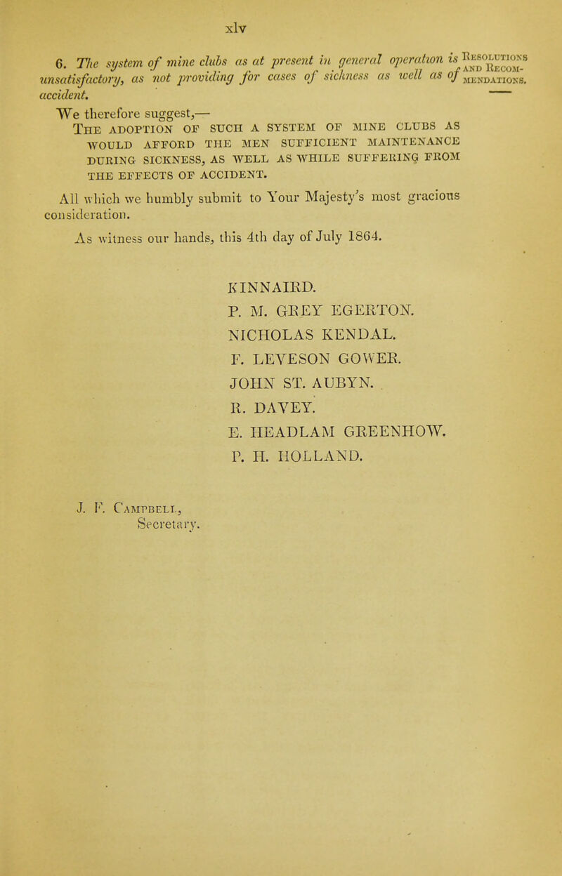 6. TJie system of mine clubs as at present in general operation ^^Jl^^l^^^^^^^ unsatisfactory, as 'not providing for cases of sickness as loell 0/jikndations. accident. We therefore suggest,— The adoption of such a system of mine clubs as would afford the men sufficient maintenance DURING SICKNESS, AS WELL AS WHILE SUFFERING FROM THE EFFECTS OF ACCIDENT. All which we humbly submit to Your Majesty's most gracious consideration. As witness our hands, this 4th day of July 1864. KINNAIED. P. M. GEEY EGEETOK NICHOLAS KENDAL. F. LEVESON GOVVEE. JOHN ST. AUBYN. E. DAVEy! E. HEADLAM GEEENHOW. P. H. HOLLAND. J. F. Campbell, Secretary.