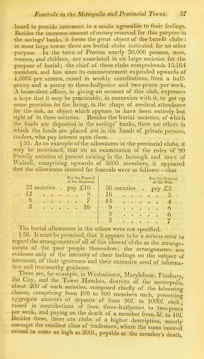 hoard to provide interment in a mode agreeable to their feelings. Besides the immense amount of money reserved for this purpose in the savings' banks, it forms the great object of the benefit, clubs : in most large towns there are burial clubs instituted for no other purpose. In the town of Preston nearly 30,000 persons, men, women, and children, are associated in six large societies for the purpose of burial; the chief of these clubs comprehends 15,164 members, and has since its commencement expended upwards of 1,000/. per annum, raised in weekly contributions, from a half- penny and a penny to three-halfpence and two-pence per week. A benevolent officer, in giving an account of this club, expresses a hope that it may be practicable, in connexion with it, to get up some provision for the living, in the shape of medical attendance for the sick, an object which appears to have been entirely lost sight of in these societies. Besides the burial societies, of which the funds are deposited in the savings' banks, there are others in which the funds are placed out in the hands of private persons, traders, who pay interest upon them. § 55. As an example of the allowances in the provincial clubs, it may be mentioned, that on an examination of the rules of 90 friendly societies at present existing in the borough and town of Walsall, comprising upwards of 5000 members, it appeared that the allowances insured for funerals were as follows:—that 22 societies 12 . . -8 3 . . For the Funeral of the Husband. pay £10 . . 8 . . 7 . . 16 36 societies 16 . . 14 . . 9 . . 3 . . 3 . . For the Funeral of the Wife. pay £3 . . 5 4 8 6 7 The burial allowances in the others were not specified. § 56. It must be premised, that it appears to be a serious error to regard the arrangements of all of this class of clubs as the arrano-e- ments of the poor people themselves; the arrangements are evidence only of the intensity of their feelings on the subject of interment, of their ignorance and their extensive need of informa- tion and trustworthy guidance. There are, for example, in Westminster, Marylebone, Finsbury the City and the Tower Hamlets, districts of the metropolis about 200 of such societies, composed chiefly of the labouring classes, comprising from 100 to 800 members each, possessing aggregate amounts of deposits of from 90/. to 1000/. each* raised m contributions of from three-halfpence to two-pence per week, and paying on the death of a member from 5/ to 10/ Besides these, there are clubs of a higher description, mostly amongst the smallest class of tradesmen, where the sums insured extend to sums as high as 200/., payable at the member's death