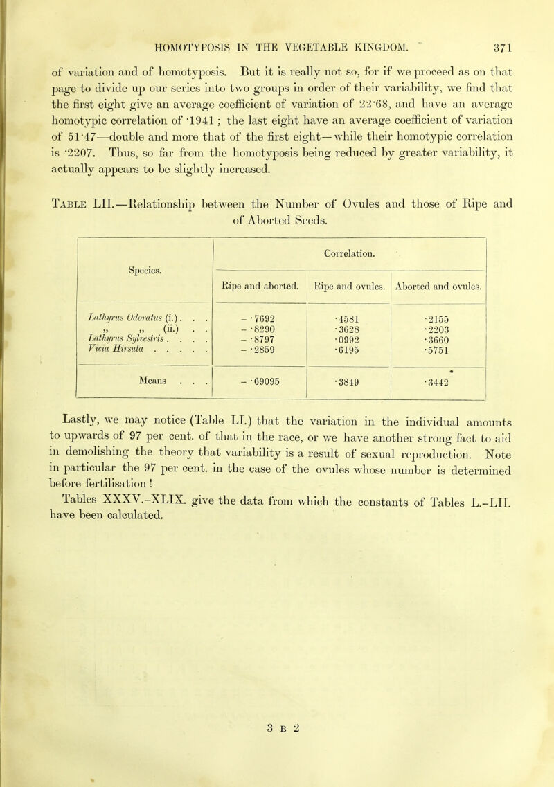 of variation and of homotyposis. But it is really not so, for if we proceed as on that page to divide up our series into two groups in order of their variability, we find that the first eight give an average coefficient of variation of 22*68, and have an average homotypic correlation of •1941 ; the last eight have an average coefficient of variation of 51*47—double and more that of the first eight—while their homotypic correlation is '2207. Thus, so far from the homotyposis being reduced by greater variability, it actually appears to be slightly increased. Table LIT.—Relationship between the Number of Ovules and those of Ripe and of Aborted Seeds. Species. Correlation. Ripe and aborted. Eipe and ovides. Aborted and ovules. Lathyrus Odorafiis (i.). . . „ (ii.) . • Lathyrus Syhestris .... - -7692 - -8290 - -8797 - -2859 •4581 •3628 •0992 •6195 •2155 •2203 •3660 •5751 Means . . . - -69095 •3849 • •3442 Lastly, we may notice (Table LI.) that the variation in the individual amounts to upwards of 97 per cent, of that in the race, or we have another strong fact to aid in demolishing the theory that variability is a result of sexual reproduction. Note in particular the 97 per cent, in the case of the ovules whose number is determined before fertilisation! Tables XXXV.-XLIX. give the data from which the constants of Tables L.-LII. have been calculated. 3 B 2