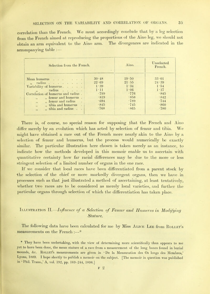 correlation than the French. We must accordmgly conclude that by a leg selection from the French aimed at reproducing the proportions of the Aino leg, we should not obtain an arm equivalent to the Aino arm. The divergences are indicated in the accompanying table : — Selection from the French. Aino. Unselected French. Mean humerus ... ... 30 48 29-50 33-01 22 69 21-55 24^39 Varialnlity of humerus 1 39 1-34 1-54 1 11 1-06 1-17 Correlation of humerus and radius . 799 •776 •845 ,, ,, femur and humerus . 819 •858 •842 ,, ,, femur and radius 694 •789 ■744 ,, ,, tibia and humerus . 845 •745 -860 ,, ,, tibia and radius . . 768 •865 -780 There is, of course, no special reason for supposing that the French and Aino differ merely by an evolution which has acted by selection of femur and tibia. We might have obtained a race out of the French more nearly akin to the Aino by a selection of femur and humerus, but the process would numerically be exactly similar. The p-articular illustration here chosen is taken merely as an instance, to indicate how the methods developed in this memoir enable us to ascertain with quantitative certainty how far racial differences may be due to the more or less stringent selection of a limited number of organs in the one race. If we consider that local races have been differentiated from a parent stock by the selection of the chief or more markedly divergent organs, then we have in processes such as that just illustrated a method of ascertaining, at least tentatively, whether two races are to be considered as merely local varieties, and further the particular organs through selection of which the differentiation has taken place. Illustration II.—Influence of a Selection of Femur and Humerus in Modifying Stature. The following data have been calculated for me by Miss Alice Lee from Rollet's measurements on the French ;—* * They have been undertaking, with the view of determining more scientifically than appears to me yet to have been done, the mean stature of a race from a measurement of the long bones found in burial mounds, &c. RoLLETb measurements are given in ' De la Mensuration des Os longs des Membres,' Lyons, 1889. I hope shortly to publish a memoir on the subject. [The memoir in question was published in 'Phil. Trans.,' A, vol. 192, pp. 169-244, 1898.] F 2