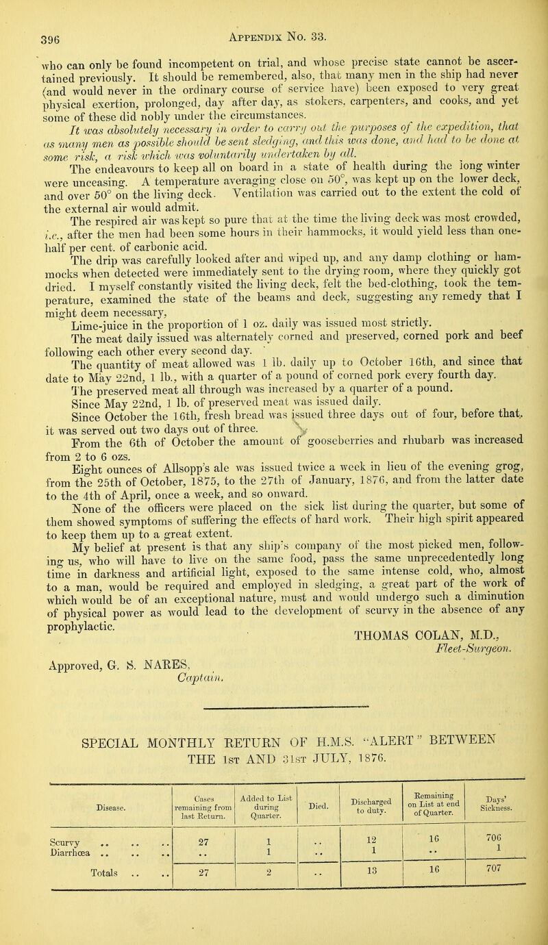 who can only be found incompetent on trial, and whose precise state cannot be ascer- tained previously. It should be remembered, also, that many men in the ship had never (and would never in the ordinary course of service have) been exposed to very great physical exertion, prolonged, day after day, as stokers, carpenters, and cooks, and yet some of these did nobly under the circumstances. It was absolutely necessary in order to carry out the purposes of the expedition, that (jus many men as possible should be sent sledging, and this was done, and had to be done at some risk, a risk which was voluntarily undertaken by all. The endeavours to keep all on board in a state of health during the Jong winter were unceasing. A temperature averaging close on 50°, was kept up on the lower deck, and over 50° on the living deck. Ventilation was carried out to the extent the cold of the external air would admit. The respired air was kept so pure that at the time the living deck was most crowded, i.e., after the men had been some hours in their hammocks, it would yield less than one- half per cent, of carbonic acid. The drip was carefully looked after and wiped up, and any damp clothing or ham- mocks when detected were immediately sent to the drying room, where they quickly got dried. I myself constantly visited the living deck, felt the bed-clothing, took the tem- perature, examined the state of the beams and deck, suggesting any remedy that I might deem necessary, Lime-juice in the proportion of 1 oz. daily was issued most strictly. The meat daily issued was alternately corned and preserved, corned pork and beef following each other every second day. The quantity of meat allowed was 1 lb. daily up to October 16th, and since that date to May 22nd, 1 lb., with a quarter of a pound of corned pork every fourth day. The preserved meat all through was increased by a quarter of a pound. Since May 22nd, 1 lb. of preserved meat was issued daily. Since October the 16th, fresh bread was issued three days out of four, before that, it was served out two days out of three. From the 6th of October the amount of gooseberries and rhubarb was increased from 2 to 6 ozs. Eight ounces of Allsopp's ale was issued twice a week in lieu of the evening grog, from the 25th of October, 1875, to the 27th of January, 1876, and from the latter date to the 4th of April, once a week, and so onward. None of the officers were placed on the sick list during the quarter, but some of them showed symptoms of suffering the effects of hard work. Their high spirit appeared to keep them up to a great extent. My belief at present is that any ship's company of the most picked men, follow- ing us, who will have to live on the same food, pass the same unprecedentedly long time in darkness and artificial light, exposed to the same intense cold, who, almost to a man, would be required and employed in sledging, a great part of the work of which would be of an exceptional nature, must and would undergo such a diminution of physical power as would lead to the development of scurvy in the absence of any prophylactic. THOMAS GOLAN, M.D., Meet-Surgeon. Approved, G. S. NAEBS, Captain, SPECIAL MONTHLY RETURN OF H.M.S. ALERT BETWEEN THE 1st AND 31st JULY, 1876. Disease. Cases remaining from last Return. Added to List during Quarter. Died. Discharged to duty. Remaining on List at end of Quarter. Days' Sickness. Scurvy 27 1 12 16 706 1 Diarrhoea .. .. .. 1 1 Totals .. 27 2 13 16 707