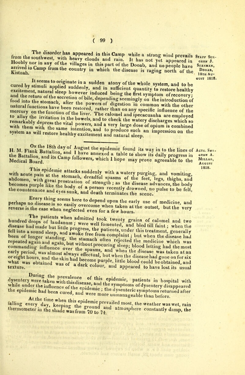 eusT 1818. August 818. f ,u '^^^^i disorder has appeared in this Camp while a strong wind orevaiU c Soob V nr-^^''*^ ^^^-^^^ ^^ not ;?tTppfared ia '^ZT «r?Jv. Jin r ^7 ^^^ ''^^^^^ ^» ^^^^^ P^''* «^ Dooab, and no people haia Scakmak, K?stnah ^^ the disease is raging north of the ^nr^^K It seems to originate in a sudden atony of the whole system and to be ex tlmL? n^taT^e:o T^'^'^'^'.^f j quantity trrtTtore healthy and fhTrlr r /fu P however induced being the first symptom of recovery • natural functi^s have h-n^^^^^^^ Powers of digestion in common with the other mercury on he function of the ^ rather than on any specific influence of the to allay the irritSTn A k T ^^^^fl and ipecacuanha are employed remarSbly dep^^^^^^^^^ ^7^'' ^^^^^ ^'''^ discharges which so ^ith them witr^e samf tfpnHl^ ^^^ ^ very large dose of opium is combined system as willLtrhTalC^^^^^^^^^^^ ^^P-^^-on the H. M. Fia^nk Ba/talk>f Li ll^^ epidemic found its way in to the lines of Acx.. the Battalion anVl n annexed a table to show its daily progress in «^om a mS Cd ^^P ^^^-^^ 1 ^^ope may prove agreeable to the vvithacutTpai^^a'frJ'stom^^^^^^ with a watery purging, and vomiting, abdomen, with great pror3^tio; T'^' '^^^^ '^''S^'' becomes purple hke tKdr ^^^ advances, the body thecountLaLe and eves sunk -^H^^^^^^^^ ^'T^^' P^«^ f^^t, tuu ej/es sunk, and death terminates the scene. perhaps „!'d^sUtifsTeT±^°'''P''',P°^'^<'''^'^ of medicine, and hundred d?o;s''of7aud^„''u^'t:''^',°f '-^/y S'-ains of calomel and l.o disease had Lde buUiUie prCre^'Ihil°r.'^ W.-^d till faint; when the fell into a sound sleeo and ilLT /' / Paents, under this treatment, generally been of longer s andin^ tlTe 310^0^?, P 'i *he disease had repeatedaga1nandaS'b ,t „f,h . T^'^ '^ tnedicine which was commandiSg influence over T*'P'-°-=' 'S t?' ^^^ ''='S the most early period!was airst alwavs eff.cf.T,.'^ «hen the disease was taken atau or eight hou s, and tTsktn h?H h. ' ^ ^ '^'^^'^ g°<' °n f^ ^'^ ^hat* was Ob ai^ed was of a t I ''''P'' <=''''' beobtained, and texture. » dark colour, and appeared to have lost its usual dysentcry'leefake^^i'h7h^^^^^^^ patients in hospital with while under the iufluence oT he epidemic T^''- dysentery disappeared the epidemic had been cured and ' dysenteric symptoms returned after more unmanageable than before. falling every dl7\ee2!.'''?h7'l?'7''f'''' father was wet, rain thermometer'in th^ shad'^ ^'as froilTO ,0 71.' '''■''•'l''='-« ^^'^'1? damp, the
