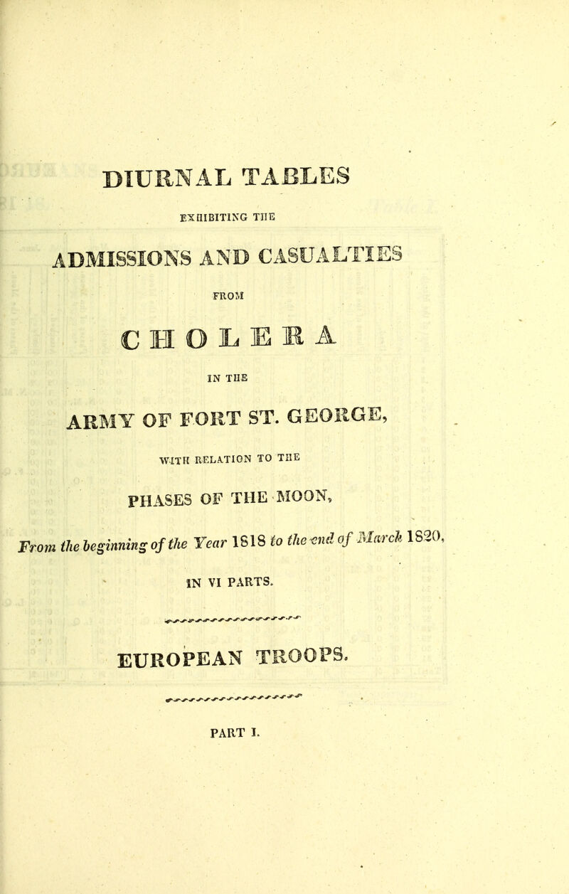 DIURNAL TABLES EXillBlTlNG THE ADMISSIONS AND CASUALTIES FROM C H O ]L E M A IN THE ARMY OF FORT ST. GEORGE, WITH RELA.TION TO THE PHASES OF THE MOON, From iheleginningojthe Year 1S18 to the^nd of March IN VI PARTS. EUROPEAN TROOPS. PART I.