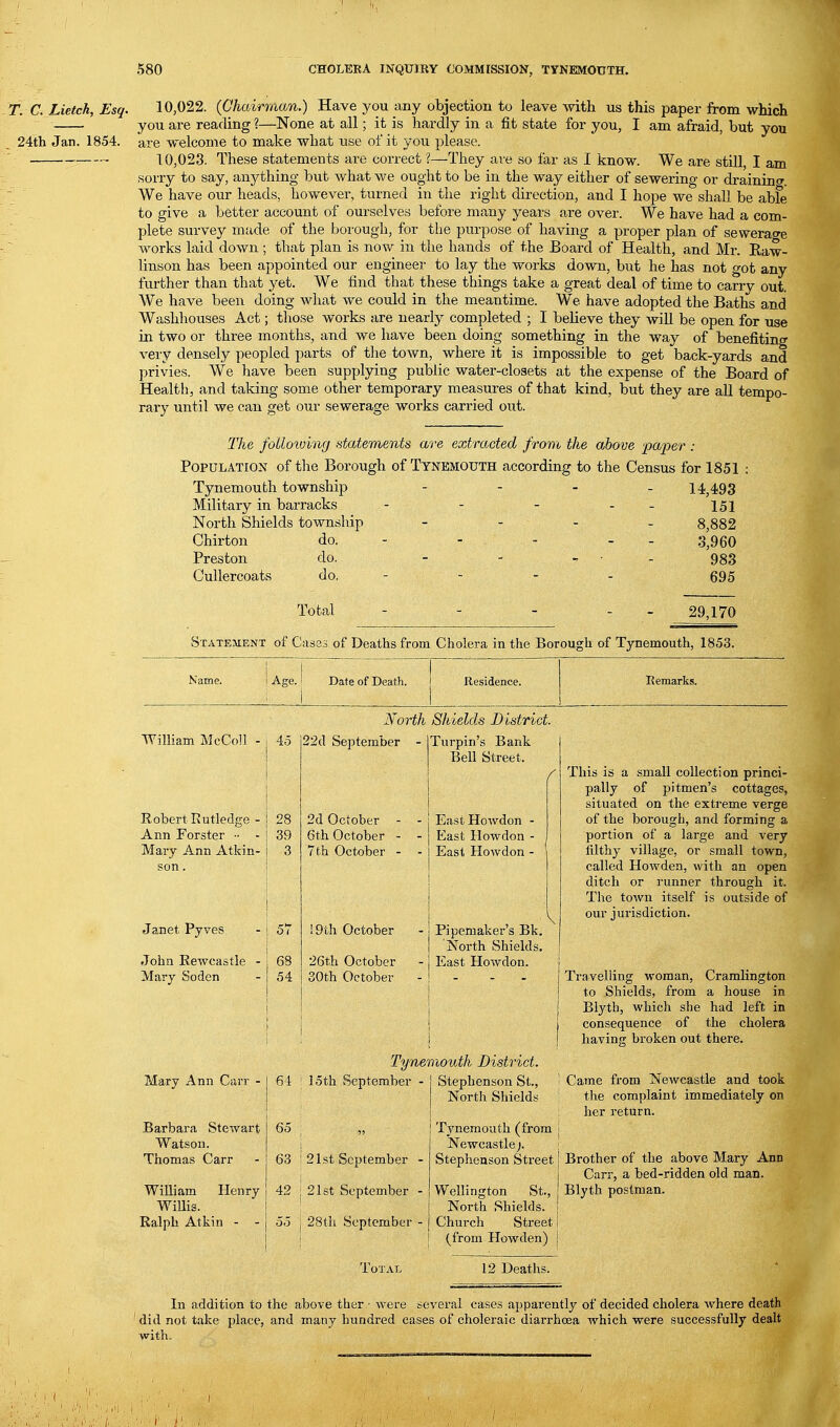 C. Lietch, Esq. 24th Jan. 1854. 10.022. {Chairman.) Have you any objection to leave with us this paper from which you are reading ?—None at all; it is hardly in a fit state for you, I am afraid, but you are w^elcome to make what use of it you please. 10.023. These statements are correct ?—They are so far as I know. We are stUl, I am sorry to say, anything but what we ought to be in the way either of sewering or drainintr. We have our heads, however, turned in the right direction, and I hope we shall be abk to give a better account of ourselves before many years are over. We have had a com- plete survey made of the borough, for the purpose of having a proper plan of seweraf^e works laid down ; that plan is now in the hands of the Board of Health, and Mr. Raw- linson has been appointed our engineer to lay the works down, but he has not got any further than that yet. We find that these things take a great deal of time to carry out. We have been doing what we could in the meantime. We have adopted the Baths and Washhouses Act; those works are nearly completed ; I believe they will be open for use in two or three months, and we have been doing something in the way of benefiting very densely peopled parts of the town, where it is impossible to get back-yards and privies. We have been suppljring public water-closets at the expense of the Board of Health, and taking some other temporary measures of that kind, but they are all tempo- rary until we can get our sewerage works carried out. The foUoio'mg statements are extracted from the above pajier : Population of the Borough of Tynemouth according to the Census for 1851 : Tynemouth township _ - . . 14^493 Military in barracks - - - - - 151 North Shields township _ . . _ 8,882 Chirton do. - - - - - 3,960 Preston do. - - „ ■ . 933 Cullercoats do. - . , . qq^ Total 29,170 Statement of Cases of Deaths from Cholera in the Borough of Tynemouth, 1853. Name. Residence. Remarks. North Shields District. William McCo!] - , 45 Robert Rutledge - Ann Forster •■ - Mary Ann Atkin- son . Janet Pyves .John Rewcastle - Mary Soden 28 39 3 68 54 22d September 2d October 6th October 7 th October ! 9th October 26t,h October 30th October Turpin's Bank Bell Street. EastHowdon - East Howdon - East Howdon - Pipemaker's Bk. North Shields, East Howdon. Mary Ann Carr Barbara Stewart Watson. Thomas Carr William Henry WiUis. Ralph Atkin - - Tynemouth District. 64 ! 15th September - 65 63 42 21st September - 21st September - 28th September - Stephenson St., : North Shields Tynemouth (from \ Newcastle ). Stephenson Street j Wellington St., j North Shields. ! Church Street I (from Howden) j This is a small collection princi- pally of pitmen's cottages, situated on the extreme verge of the borough, and forming a portion of a large and very filthy village, or small town, called Howden, with an open ditch or runner through it. The town itself is outside of our jurisdiction. Travelling woman, Cramlington to Shields, from a house in Blyth, which she had left in consequence of the cholera having broken out there. Came from Newcastle and took the complaint immediately on her return. Brother of the above Mary Ann Carr, a bed-ridden old man. Blyth postman. Total 12 Deaths. In addition to the above ther - were several cases apparently of decided cholera where death ■did not take place, and many hundred cases of choleraic diarrhcsa which were successfully dealt with.
