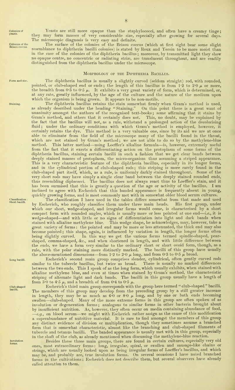 Coloniea of yeasts. Colonies of the Brisou coccus. Yeasts are still more opaque than the staphylococci, and often have a creamy tinge; they may form masses of very considerable size, especially after growing for several days. The microscopic diagnosis is very easy and definite. The surface of the colonies of the Brisou coccus (which at first sight bear some slight resemblance to diphtheria bacilli colonies) is stated by Eoux and Yersin to be more moist than in the case of the colonies of the diphtheria bacillus; moreover, by transmitted light they show no opaque centre, no concentric or radiating striae, are translucent throughout, and are readily distinguished from the diphtheria bacillus under the microscope. Form and size. Staining. Classification : Short bacilli. Long bacilli. Club-shaped bacilli. Involution lorms. Morphology of the Diphtheria Bacillus. The diphtheria bacillus is usually a slightly cun-ed (seldom straight) rod, with rounded, pointed, or club-shaped end or ends; the length of this bacillus is from 1'2 to 2-0 /x or more, the breadth from 0'3 to 0*5 /a. It exhibits a very great variety of form, which is determined, or, at any rate, greatly influenced, by the age of the culture and the nature of the medium upon which the organism is being grown. It appears to be non-motile. The diphthei'ia bacillus retains the stain somewhat firmly when Gram's method is used, as already described under the heading  Staining. On this point there is a great want of unanimity amongst the authors of the recognised text-books; some affirming that it stains by Grram's method, and others that it certainly does not. This, no doubt, may be explained by the fact that the bacillus will not, as a rule, withstand a prolonged action of the decolorising fluid; under the ordinary conditions with which Gram's method is employed, however, it certainly retains the dye. This method is a very valuable one, since by its aid we are at once able to eliminate from the field of the microscope many of the bacilli found in the throat, which are not stained by Gram's method; we are not able to do so by the methylene-blue method. This latter method—using Loeffler's alkaline formula—is, however, extremely useful from the fact that it exerts a differentiating action on the protoplasm of some forms of the diphtheria bacillus, staining certain bacilli in such a fashion that we get clear bands between deeply stained masses of protoplasm, the micro-organism thus assuming a striped appearance. This is a very characteristic feature of the diphtheria bacillus, especially in its longer forms, and in the cylindrical portion of club-shaped rods; this striping is more rarely found in the club-shaped part itself, which, as a rule, is uniformly darkly stained throughout. Some of the very short rods may have simply a single clear band between the deeply stained rounded ends, thus resembling diplococci. The bacillus does not always react thus to Loeffler's stain, and it has been surmised that this is greatly a question of the age or activity of the bacillus. I am inclined to agree with Escheiich that this banded appearance is frequently absent in young, quickly growing forms, and is most commonly met with in somewhat older blood serum cultures. The classification I have used in the tables differs somewhat from that made and used by Escherich, who roughly classifies them under three main heads. His first group, under which our short, wedge-shaped, and irregular forms would come, is characterised by a short compact form with rounded angles, which is usually more or less pointed at one end—i.e., it is wedge-shaped—and with little or no signs of differentiation into light and dark bands when stained with alkaline methylene blue. This wedge shape, he acknowledges, may, however, take a great variety of forms : the pointed end may be more or less attenuated, the thick end may also become pointed; this shape, again, is influenced by variation in length, the longer forms often being slightly curved. In this way we get the various forms termed spindle-shaped, pear- shaped, comma-shaped, &c., and when shortened in length, and with little difference between the ends, we have a form very similar to the ordinary short or short ovoid form, though, as a rule, with the polar staining more distinctly marked. The bacilli of this group have usually the above-mentioned dimensions—from 1'2 to 2-0 /a long, and from 0-3 to 0*5 /i broad. Escherich's second main group comprises slender, cylindrical, often gently curved rods similar to the tubercle bacillus, but twice as broad. There is usually no marked differences between the two ends. This I speak of as the long form, which usually exhibits, when stained with alkaline methylene blue, and even at times when stained by Gram's method, the characteristic striping of alternate light and dark bands. The bacilli in this group usually have a length of from 3-0 to 45 /j,, and a breadth of from 0'4 to 0*5 fj,. Escherich's third main group corresponds with the group here termed  club-shaped  bacilli. The members of this group may develop from the preceding group by a still greater increase in length, they may be as much as 6*0 or 8-0 /x long, and by one or both ends becoming swollen—club-shaped. Many of the more extreme forms in this group are often spoken of as involution or degeneration forms; analogous to similar forms in other bacteria brought about by insufficient nutrition. As, however, they often occur on media containing abundance of food, —e.g., on blood serum—we might with Escherich rather assign as the cause of this modification a superabundance of nutritive material. It is rare to find amongst the members of this group any distinct evidence of division or multiplication, though they sometimes assume a branched form that is somewhat characteristic, almost like the branching and club-shaped filaments of tubercle and tetanus bacilli. The banded appearance is usually met with in this group, especially in the shaft of the club, as already mentioned when discussing the methylene-blue reaction. Besides these three main groups, there are found in certain cultures, especially very old ones, most extraordinary forms: long, irregular, spiral, or swollen and sausage-like chains or strings, which are usually looked upon as being irregular forms of Loeffler's bacillus, and which may be, and probably are, true involution forms. On several occasions I have noted branched forms in the cultivations: Escherich does not descriiie them, but several observers have already called attention to them.