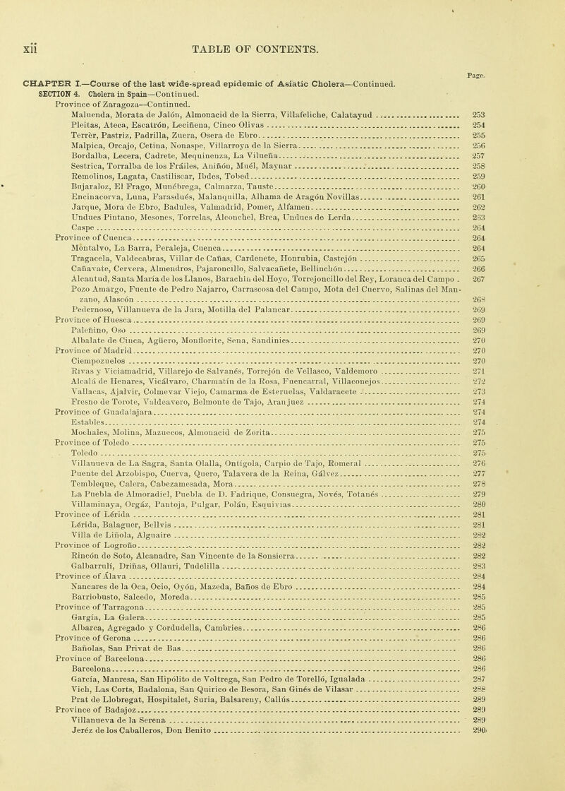 Page. CHAPTER I.—Course of the last wide-spread epidemic of Asiatic Cholera—Continued. SECTION 4. Cholera in Spain—Continued. Province of Zaragoza—Continued. Maluenda, Morata de Jal6n, Almonacid de la Sierra, Villafeliche, Calatayud 253 Pleitas, Ateca, Escatr6n, Lecinena, Cinco Olivas 254 Terror, Pastriz, Padrilla, Zuera, Osera de Ebro 2.55 Malpica, Orcajo, Cetina, Nonaspe, Villarroya de la Sierra 256 Bordalba, Lecera, Cadrete, Mequinenza, La Vilueiia ^ 257 Sestrica, Torralba de los Friiiles, Aniix6n, Mu61, Maynar 258 Eemoliuos, Lagata, Castiliscar, Ibdes, Tobed 259 Biijaraloz, El Frago, Mun6brega, Calmarza, Tanstc 260 Enciuacorva, Luna, Farasdu6s, Malanquilla, Albania de Aragon Novillas 261 Jarque, Mora de Ebro, Badules, Valmadrid, Potner, Alfamen 262 Undues Piutano, Mesones, Torrelas, Alconchel, Brea, Undues de Lerda 263 Caspe 264 Province of Cuenca 264 Montalvo, La Barra, Peraleja, Cuenca 264 Tragacela, Valdecabras, Villar de Canas, Cardenete, Honrubia, Castej6a 265 Canavate, Cervera, Almeudros, Pajaroncillo, Salvacaiiete, Bellincb6n 266 Alcantud, Sauta Maria de los Llanos, Barachin del Hoyo, Torrejoncillo del Rey, Loranca del Campo . 267 Pozo Araargo, Fuente de Pedro Najarro, Carrascosa del Campo, Mota del Cuervo, Salinas del Man- zano, Alasc6n 263 Pedernoso, Villanueva de la Jara, Motilla del Palancar 269 Province of Huesca 269 Palenino, Oso 269 Albalate de Cinca, Agiiero, Monflorite, Sena, Sandinies 270 Province of Madrid 270 Ciempozuelos 270 Rivas y Viciamadrid, Villarejo de Salvan^s, Torrej6n de Vellasco, Valdemoro 271 Alcala de Henares, Vic£lvaro, Cbarmatin de la Rosa, Fuencarral, Villaconejos 272 Vallacas, Ajalvir, Colmevar Viejo, Camarma de Esteruelas, Valdaracete 273 Fresno de Torote, Valdeavero, Belinonte de Tajo, Araujuez 274 Province of Guadalajara 274 Estables 274 Moohales, Molina, Mazuecos, Almonacid de Zorita 275 Province of Toledo i. 275 Toledo 275 Villanueva de La Sagra, Santa Olalla, Ontigola, Carpio de Tajo, Romeral 276 Puente del Arzobispo, Cuerva, Quero, Talavera de la Reina, Galvez 277 Tembleque, Calera, Cabezamesada, Mora 278 La Puebla de Almoradiel, Puebla de D. Fadrique, Consuegra, Nov€s, Totan^s 279 Villaminaya, Org^z, Pantoja, Pulgar, Pol^n, Esquivias 280 Province of L^rida 281 L^rida, Balaguer, Bellvis 281 Villa de Lifiola, Alguaire 282 Province of Logrouo .• 282 Rinc6n de Soto, Alcanadre, San Vincente de la Sonsierra , 282 Galbarrull, Drifias, OUauri, Tudelilla 283 Province of Alava 284 Nancares de la Oca, Ocio, Oy6n, Mazeda, BaBos de Ebro 284 Barriobusto, Salcedo, Moreda 285 Province of Tarragona 285 Gargia, La Galera 285 Albarca, Agregado y Cordudella, Cambries 286 Province of Gerona 286 Banolas, San Privat de Bas -.. 286 Province of Barcelona 286 Barcelona 286 Garcia, Manresa, San Hipolito de Voltrega, San Pedro de Torello, Igualada 287 Vich, Las Corts, Badalona, San Quirico do Besora, San Gin6s de Vilasar 288 Prat de Llobregat, Hospitalet, Suria, Balsareny, Callus 289 Province of Badajoz 289 Villanueva de la Serena ' 289 Jer6z de los Caballeros, Don Benito ^ 290)