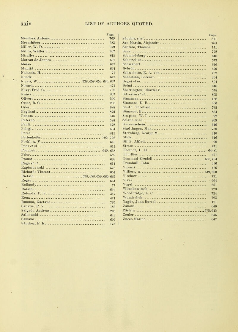 Page. Mendoza, Antonio 769 Meyerhfceer 583 Miller, W. D , 579 Millos, Walter J 607 Miralles 815 Moreau de Jonnes 697 Mosso 647 Munit^ 664 Nalanda, H 77 Neucki 647 Nicati, W 538, 658, 659, 6G0, 667 Nocard 471 Novy, Fred. G 732 Nunez 807 Oliveri 590 Ortez, B. G 208 Osier 688 Pagliani 822 Panum 646 Paternd 588 Pauli 628 Pelegi 664 P6rez 815 Pettenkofer 702, 703 Poehl, A. V 640 Pons et al 814 Pouchet 649, 658 Prior 582 Proust 699 Raga et al 814 Kaptschewski 576 Richards Vincent 654 Rietsch 538,658,659,660,667 Roger 651 Rollandy ' 77 Rorsch 646 Rotonda, F. la 347 Roux 471 Rummo, Gaetauo 765 Sabatie, P. V 183 Salgado, Andreas 205 Salkowski 643 S^mano 697 Sanchez, F. R 173 Page. S^Qohis, el al 811 San Martin, Alejandro 768 Santero, Thomas 771 Sanz 778 Schmiedeberg 646 Schottelius 573 Schwanert 646 Schron 620 Schweinitz, E. A. von 732 Sebastian, Lorenzo 204 Segui et al 804 Selmi 646 Sherrington, Charles S 578 Silvestre 6t flZ 805 Simancas 188 Simmons, D. B 366 Smith, Theobald 732 Simpson, B 854 Simpson, W. 1 22 Solano et al 809 Sonuenschein 646 Stadthagen, Max 730 Sternberg, George M 640 Stick 646 Stills, Alfred 20 Straus 471 Thoinot, L. H 64-81 Thuillier 471 Tommasi-Crudeli 688,704 Trumbull, John 356 Viceuzi 476 Villiers, A 649,660 Virchow 731 Vivez - 664 Vogel 651 Wissokowitsch 723 Woodbridge, L. C 724 Wunderlich 703 Yagiie, Juan Burcal 171 Zauoni 646 Zaalein 575,645 Zeuler 646 Zucco Marino 647