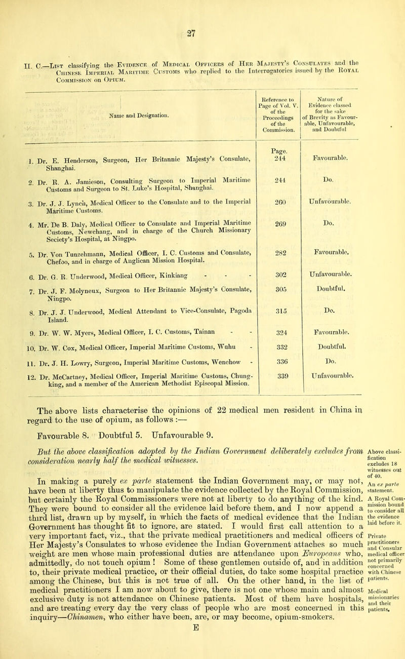 II C—List classifying the Evidence of Medical Officers of Her Majesty's Consulates and the CiiiNKSE Imperial Maritime Customs who replied to the Interrogatories issued by the Koyal Commission on Opiuai. 1 Narae and Designation. ReferpiK^e to Page of Vol. V. ^ of tlie Proceeflings of the Commission. Nature of Evidenee classed for the sake of Brevity as Favour- able, Unfavourable, and Doubtful 1. Dr. E. Henderson, Surgeon, Her Britannic Majesty's Consulate, Shanghai. Page. i A J.'t't Favourable. 2. Dr. R. A. Jamieson, Consulting Surgeon to Imperial Maritime Customs and Surgeon to St. Luke's Hospital, Shanghai. 244 uo. 3. Dr. J. J. Lynch, Medical Officer to the Consulate and to the Imperial Maritime Customs. 260 Unfavourable. 4. Mr. De B. Daly, Medical Officer to Consulate and Imperial Maritime Customs, Newchang, and in charge of the Church Missionary Seciety's Hospital, at Ningpo. 269 Do. 5. Dr. Von Tunzehmann, Medical Officer, I. C. Customs and Consulate, Chefoo, and in charge of Anglican Mission Hospital. 282 Favourable, 6. Dr. Or. R. Underwood, Medical Officer, Kinkiang 302 Unfavourable. 7. Dr. J. F. Molyneux, Surgeon to Her Britannic Majesty's Consulate, Ningpo. 305 Doubtful. 8. Dr. J. J. Underwood, Medical Attendant to Vice-Consulate, Pagoda Island. 315 Do. 9. Dr. W. W. Myers, Medical Officer, 1. C. Customs, Tainan 324 Favourable. 10. Dr. W. Cox, Medical Officer, Imperial Maritime Customs, Wuhu 332 Doubtful. 11. Dr. J. H. Lowry, Surgeon, Imperial Maritime Customs, Wenchow 336 Do. 12. Dr. McCartney, Medical Officer, Imperial Maritime Customs, Chung- king, and a member of the American Methodist Episcopal Mission. 339 Unfavourable. The above lists characterise the opinions of 22 medical men resident in China in regard to the use of opium, as follows :— Favourable 8. Doubtful 5. Unfavourable 9. But the above classification adopted hy the Indian Government deliberately excludes from consideration nearly half the medical witnesses. In making a purely ex parte statement the Indian Government may, or may not, have been at liberty thus to manipulate the evidence collected by the Royal Commission, but certainly the Royal Commissioners were not at liberty to do anything of the kind. They were bound to consider all the evidence laid before them, and I now append a third list, drawn up by myself, in which the facts of medical evidence that the Indian Government has thought fit to ignore, are stated. I would first call attention to a very important fact, viz., that the private medical practitioners and medical officers of Her Majesty's Consulates to whose evidence the Indian Government attaches so much weight are men whose main professional duties are attendance upon Europeans who, admittedly, do not touch opium ! Some of these gentlemen outside of, aad in addition to, their private medical practice, or their official duties, do take some hospital practice among the Chinese, but this is not true of all. On the other hand, in the li^t of medical practitioners I am now about to give, there is not one whose main and almost exclusive duty is not attendance on Chinese patients. Most of them have hospitals, and are treating every day the very class of people who are most concerned in this inquiry—Chinamen, who either have been, are, or may become, opium-smokers. E Above classi- fication excludes 18 witnesses out of 40. An ex parte statement. A Royal Com- mission bound to consider all the evidence laid before it. Private practitioners and Consular medical ofBcer: not primarily concerned •with Chinese patients. Medical missionaries and their patients.