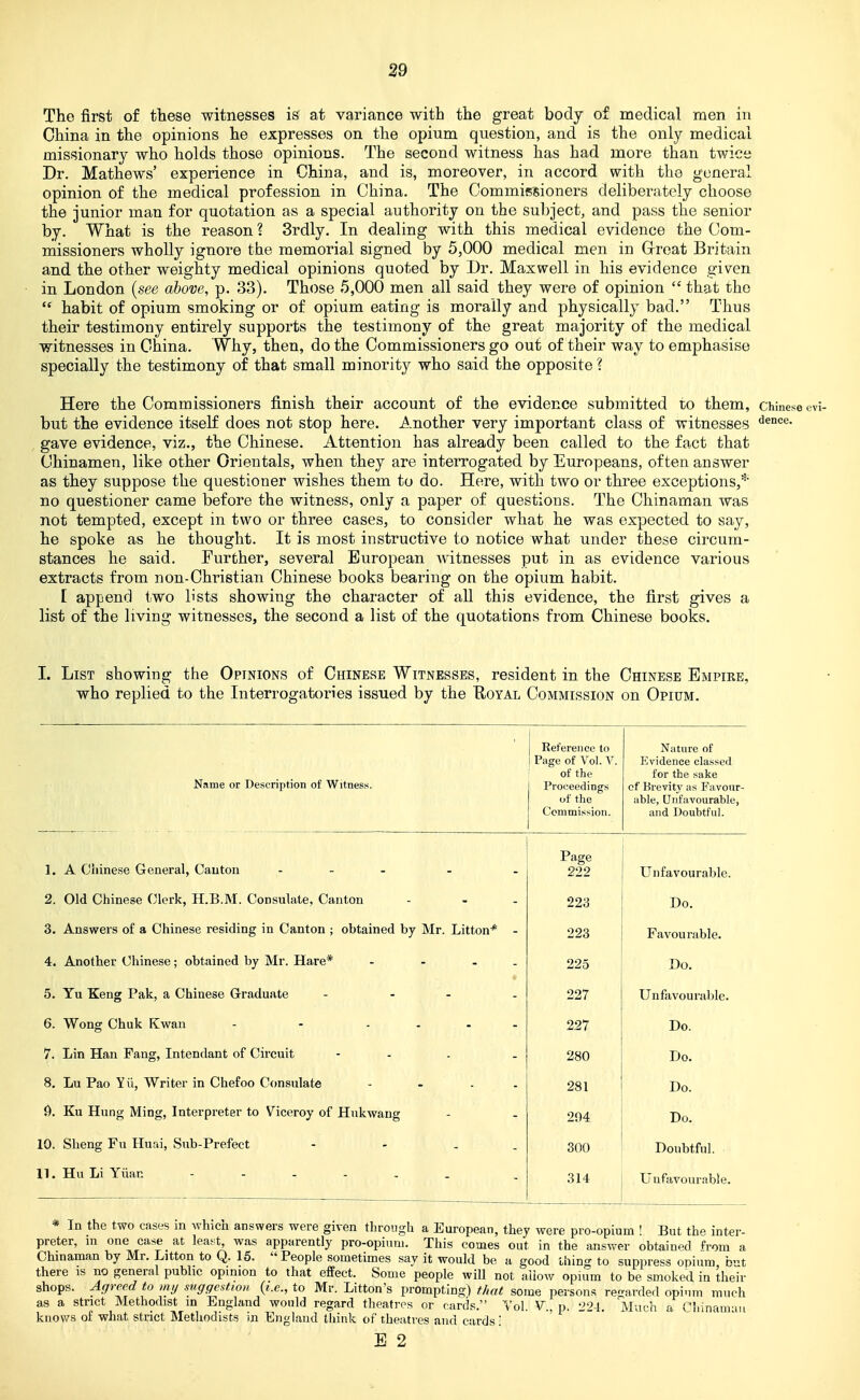 The first of these witnesses is at variance with the great body of medical men in China in the opinions he expresses on the opium question, and is the only medical missionary who holds those opinions. The second witness has had more than twice Dr. Mathews' experience in China, and is, moreover, in accord with the general opinion of the medical profession in China. The Commissioners deliberately choose the junior man for quotation as a special authority on the subject, and pass the senior by. What is the reason? Srdly. In dealing with this medical evidence the Com- missioners wholly ignore the memorial signed by 5,000 medical men in Creat Britain and the other weighty medical opinions quoted by Dr. Maxwell in his evidence given in London {see above, p. 33). Those 5,000 men all said they were of opinion  that the  habit of opium smoking or of opium eating is morally and physically bad. Thus their testimony entirely supports the testimony of the great majority of the medical witnesses in China. Why, then, do the Commissioners go out of their way to emphasise specially the testimony of that small minority who said the opposite ? Here the Commissioners finish their account of the evidence submitted to them, Chinese but the evidence itself does not stop here. Another very important class of witnesses gave evidence, viz., the Chinese. Attention has already been called to the fact that Chinamen, like other Orientals, when they are interrogated by Europeans, often answer as thoy suppose the questioner wishes them to do. Here, with two or three exceptions,* no questioner came before the witness, only a paper of questious. The Chinaman was not tempted, except in two or three cases, to consider what he was expected to say, he spoke as he thought. It is most instructive to notice what under these circum- stances he said. Further, several European wdtnesses put in as evidence various extracts from non-Christian Chinese books bearing on the opium habit. [ append two lists showing the character of all this evidence, the first gives a list of the living witnesses, the second a list of the quotations from Chinese books. 1. List showing the Opinions of Chinese Witnesses, resident in the Chinese Empire, who replied to the Interrogatories issued by the Royal Commission on Opium. Name or Description of Witness. Reference to Page of Vol. ' of the Proceedings of the Commission. Nature of Evidence classed for the sake of Brevity as Favour- able, Unfavourable, and Doubtful. Page 1. A Ciiinese General, Cauton . _ . 222 Unfavourable. 2. Old Chinese Clerk, H.B.M. Consulate, Canton 223 Do. 3. Answers of a Chinese residing in Canton ; obtained by Mr. Litton* - 223 Favourable. 4. Another Chinese; obtained by Mr. Hare* - - - . 225 Do. 5. Yu Keng Pak, a Chinese Graduate 227 Unfavourable. 6. Wong Chuk Kwan - - .... 227 Do. 7. Lin Han Fang, Intendant of Circuit - - . 280 Do. 8. Lu Pao Yii, Writer in Chefoo Consulate .... 281 Do. i). Ku Hung Ming, Interpreter to Viceroy of Hukwang 294 Do. 10. Sheng Fn Huai, Sub-Prefect - - . . 300 Doubtful. 11. Hu Li Yiian 314 Unfavourable. * In the two cases in which answers were given through a European, they were pro-opium ! But the inter- preter, in one case at lea'ot, was apparently pro-opium. This comes out in the answer obtained from a Chinaman by Mr. Litton to Q. 15. People sometimes say it would be a good thing to suppress opium b-t there is no general public opinion to that effect. Some people will not aiiow opium to be smoked in their shops. Affreed to my suggestion {i.e., to Mr. Litton's prompting) that some persons regarded opi'im much as a strict Methodist m England would regard theatres or cards. Yol. V.. p. 22-1. 'Much a Chinamau knows of what strict Methodists in England tliink of theatres and cards!