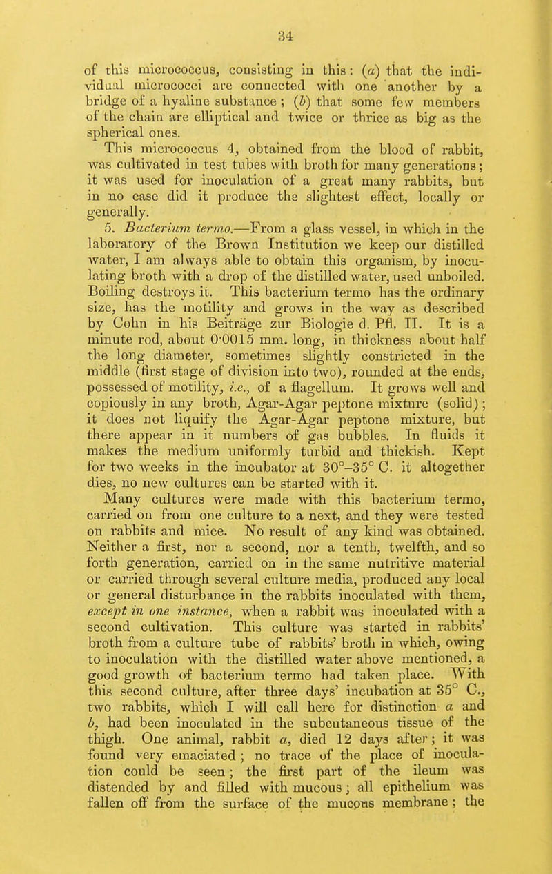 of this micrococcus, consisting in this : (a) that the indi- vidual micrococci are connected witli one another by a bridge of a hyaline substance ; (b) that some few members of the chain are elliptical and twice or thrice as big as the spherical ones. This micrococcus 4, obtained from the blood of rabbit, was cultivated in test tubes with broth for many generations; it was used for inoculation of a great many rabbits, but in no case did it produce the slightest effect, locally or generally. 5. Bacterium termo.—From a glass vessel, in which in the laboratory of the Brown Institution we keep our distilled water, I am always able to obtain this organism, by inocu- lating broth with a drop of the distilled water, used unboiled. Boiling destroys it. This bacterium termo has the ordinary size, has the motility and grows in the way as described by Cohn in his Beitrage zur Biologic d. Pfl. 11. It is a minute rod, about O'OOIS mm. lono-, in thickness about half the long diameter, sometimes slightly constricted in the middle (first stage of division into two), rounded at the ends, possessed of motility, i.e., of a flagellum. It grows well and copiously in any broth. Agar-Agar peptone mixture (solid) ; it does not liquify the Agar-Agar peptone mixture, but there appear in it numbers of gas bubbles. In fluids it makes the medium uniformly turbid and thickish. Kept for two weeks in the incubator at 30°-35° C. it altogether dies, no new cultures can be started with it. Many cultures were made with this bacterium termo, carried on from one culture to a next, and they were tested on rabbits and mice. No result of any kind was obtained. Neitlier a first, nor a second, nor a tenth, twelfth, and so forth generation, carried on in the same nutritive material or carried through several culture media, produced any local or general disturbance in the rabbits inoculated with them, except in one instance, when a rabbit was inoculated with a second cultivation. This culture was started in rabbits' broth from a culture tube of rabbits' broth in Avhich, owing to inoculation with the distilled water above mentioned, a good growth of bacterium termo had taken place. With this second culture, after three days' incubation at 35° C, two rabbits, which I will call here for distinction a and b, had been inoculated in the subcutaneous tissue of the thigh. One animal, rabbit a, died 12 days after; it was foimd very emaciated ; no trace of the place of inocula- tion could be seen; the first part of the ileum was distended by and filled with mucous; all epithelium was fallen off from the surface of the mucous membrane; the