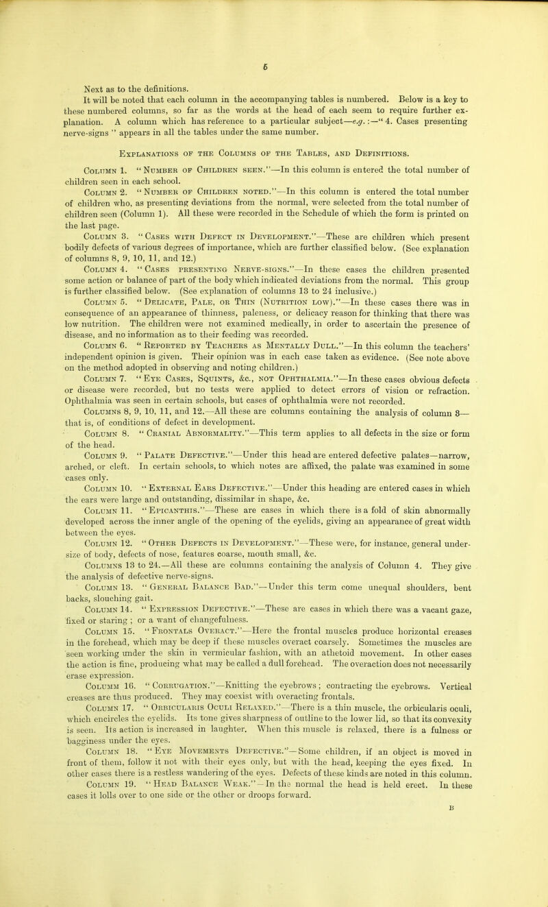 Next as to the definitions. It will be noted that each column in the accompanying tables is numbered. Below is a key to these numbered columns, so far as the words at the head of each seem to require further ex- planation. A column which has reference to a particular subject—e.g.:—4. Cases presenting nerve-signs  appears in all the tables under the same number. Explanations of the Columns op the Tables, and Definitions. Column 1.  Numbee of Childeen seen.—In this column is entered the total number of children seen in each school. Column 2. Number of Childeen noted.—In this column is entered the total number of children who, as presenting deviations from the normal, were selected from the total number of children seen (Column 1). All these were recorded in the Schedule of which the form is printed on the last page. Column 3.  Cases with Defect in Development.—These are children which present bodily defects of various degrees of importance, which are further classified below. (See explanation of columns 8, 9, 10, 11, and 12.) Column 4.  Cases peesenting Neeve-signs.—In these cases the children presented some action or balance of part of the body which indicated deviations from the normal. This group is further classified below. (See explanation of columns 13 to 24 inclusive.) Column 5.  Delicate, Pale, ob Thin (Nutrition low^).—In these cases there was in consequence of an appearance of thinness, paleness, or delicacy reason for thinking that there was low nutrition. The children were not examined medically, in order to ascertain the presence of disease, and no information as to their feeding was recorded. Column 6.  Reported by Teachers as Mentally Dull.—In this column the teachers' independent opinion is given. Their opinion was in each case taken as evidence. (See note above on the method adopted in observing and noting children.) Column 7. Eye Cases, Squints, &c., not Ophthalmia.—In these cases obvious defects or disease were recorded, but no tests were applied to detect errors of vision or refraction. Ophthalmia was seen in certain schools, but cases of ophthalmia were not recorded. Columns 8, 9, 10, 11, and 12.—All these are columns containing the analysis of column 8 that is, of conditions of defect in development. Column 8.  Cranial Abnormality.—This term applies to all defects in the size or form of the head. Column 9. Palate Defective.—Under this head are entered defective palates—narrow, arched, or cleft. In certain schools, to which notes are affixed, the palate was examined in some cases only. Column 10.  External Ears Defective.—Under this heading are entered cases in which the ears were large and outstanding, dissimilar in shape, &c. Column 11.  Epicanthis.—These are cases in which there is a fold of skin abnormally developed across the inner angle of the opening of the eyelids, giving an appearance of great width between the eyes. Column 12.  Other Defects in Development.—These were, for instance, general under- size of body, defects of nose, features coarse, mouth small, &c. CoLtJMNS 13 to 24.—All these are columns containing the analysis of Column 4. They give the analysis of defective nerve-signs. Column 13.  General Balance Bad.—Under this term come unequal shoulders, bent backs, slouching gait. Column 14.  Expression Defective.—These are cases in which there was a vacant gaze, fixed or staring ; or a want of changefulness. Column 15.  Frontals Overact.—Here the frontal muscles produce horizontal creases in the forehead, which may be deep if these muscles overact coarsely. Sometimes the muscles are seen working under the skin in vermicular fashion, with an athetoid movement. In other cases the action is fine, producing what may be called a dull forehead. The overaction does not necessarily erase expression. CoLUMM 16.  Coeeugation.—Knitting the eyebrows ; contracting the eyebrows. Vertical creases are thus produced. They may coexist with overacting frontals. Column 17.  Orbicularis Oculi Relaxed.—There is a thin muscle, the orbicularis ocuh, which encircles the eyelids. Its tone gives sharpness of outline to the lower lid, so that its convexity is seen. Its action is increased in laughter. When this muscle is relaxed, there is a fulness or bagginess under the eyes. Column 18. Eye Movements Defective.—Some children, if an object is moved in front of them, follow it not with their eyes only, but with the head, keeping the eyes fixed. In other cases there is a restless wandering of the eyes. Defects of these kinds are noted in this column. Column 19. Head Balance Weak. —In the normal the head is held erect. In these cases it lolls over to one side or the other or droops forward. B