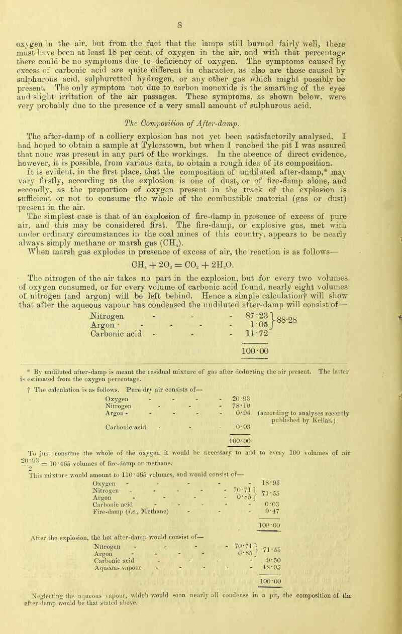 oxygen in the air, but from the fact that the lamps still burned fairly well, there must have been at least 18 per cent, of oxygen in the air, and with that percentage there could be no symptoms due to deficiency of oxygen. The symptoms caused by excess of carbonic acid are quite different in character, as also are those caused by sulphurous acid, sulphuretted hydrogen, or any other gas which might possibly be present. The only symptom not due to carbon monoxide is the smarting of the eyes and slight irritation of the air passages. These symptoms, as shown below, were very probably due to the presence of a very small amount of sulphurous acid. The Composition of After-damp. The after-damp of a colliery explosion has not yet been satisfactorily analysed. I had hoped to obtain a sample at Tylorstown, but when I reached the pit I was assured that none was present in any part of the workings. In the absence of direct evidence, however, it is possible, from various data, to obtain a rough idea of its composition. It is evident, in the first place, that the composition of undiluted after-damp,* may vary firstly, according as the explosion is one of dust, or of fire-damp alone, and secondly, as the proportion of oxygen present in the track of the explosion is sufficient or not to consume the whole of the combustible material (gas or dust) present in the air. The simplest case is that of an explosion of fire-damp in presence of excess of pure air, and this may be considered first. The fire-damp, or explosive gas, met with under ordinary circumstances in the coal mines of this country, appears to be nearly always simply methane or marsh gas (CH4). When marsh gas explodes in presence of excess of air, the reaction is as follows— 0H4 + 202 = C02 + 2H20. The nitrogen of the air takes no part in the explosion, but for every two volumes of oxygen consumed, or for every volume of carbonic acid found, nearly eight volumes of nitrogen (and argon) will be left behind. Hence a simple calculationf will show that after the aqueous vapour has condensed the undiluted after-damp will consist of— Nitrogen - - -87-23 Argon * - - - - 1■05 Carbonic acid - - - 11*72 j 88-28 100-00 * By undiluted after-damp is meant the residual mixture of gas after deducting the air present. The latter is estimated from the oxygen percentage. f The calculation is as follows. Pure dry air consists of— Oxygen - - - - 2093 Nitrogen - - . - 78*10 Argon- - - - - 0*94 (according to analyses recently Carbonic acid - - 0' 03 published by Kellas.) 100-00 To just consume the whole of the oxygen it would be necessary to add to every 100 volumes of air ^ = 10*465 volumes of fire-damp or methane. This mixture would amount to 110-465 volumes, and would consist of— Oxygen - - - - -18'95 Nitrogen ----- 70-711 k, Argon .... 0*85/ n 00 Carbonic acid - - - - - 0*03 Fire-damp {i.e., Methane) - - - 9-47 100-00 After the explosion, the hot after-damp would consist of— Nitrogen - - - - 70-71 Argon - - - - 0 * 85 Carbonic acid - - - 9 * 50 Aqueous vapour 18-95 '1-55 100-00 Neglecting the aqueous vapour, which would soon nearly all condense in a pit, the composition of the after-damp would be that stated above.