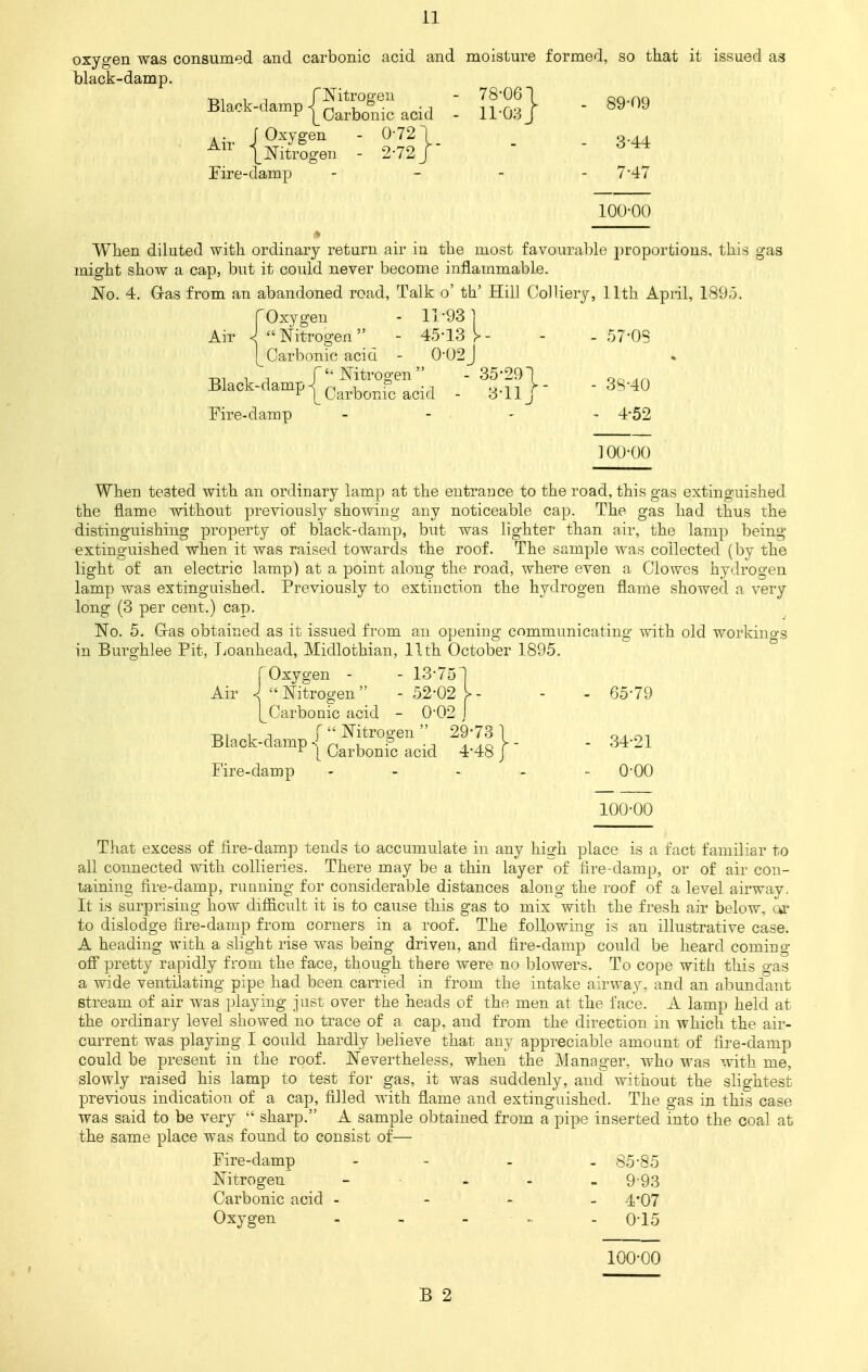 oxygen was consumed and carbonic acid and moisture formed, so that it issued as black-damp. ite - 6> • • Eire-damp - 7*47 100-00 When diluted with ordinary return air in the most favourable jnDportions, this gas might show a cap, but it could never become inflammable. No. 4. Gas from an abandoned road, Talk o' th' Hill Colliery, 11th April, 1895. f Oxygen - 11*93 ] Air J  Nitrogen - 45*13 V - - - 57*03 [_ Carbonic acid - 0*02 J m i , f Nitrogen - 35*291 OQ ,n Black-damp | Carbon-acid . &nj- -38*40 Fire-damp - 4*52 100*00 When tested with an ordinary lamp at the entrance to the road, this gas extinguished the flame without previously showing any noticeable cap. The gas had thus the distinguishing property of black-damp, but was lighter than air, the lamp being extinguished when it was raised towards the roof. The sample was collected (by the light of an electric lamp) at a point along the road, where even a Clowes hydrogen lamp was extinguished. Previously to extinction the hydrogen flame showed a very long (3 per cent.) cap. No. 5. Gras obtained as it issued from an opening communicating with old workings in Burghlee Pit, Loanhead, Midlothian, 11th October 1895. f Oxygen - - 13*751 Air J Nitrogen - 52*02 U - - 65*79 Carbonic acid - 0*02 J ■d, , , [Nitrogen 29*73 1 Q101 Black-damp | CarbonPac.d ^j- - 34*21 Fire-damp .... - 0*00 100*00 That excess of fire-damp tends to accumulate in any high place is a fact familiar to all connected with collieries. There may be a thin layer of fire-clamp, or of air con- taining fire-damp, running for considerable distances along the roof of a level airwav. It is surprising how difficult it is to cause this gas to mix with the fresh air below, or to dislodge fire-damp from corners in a roof. The following is an illustrative case. A heading with a slight rise was being driven, and fire-damp could be heard coming off pretty rapidly from the face, though there were no blowers. To cope with this gas a wide ventilating pipe had been carried in from the intake airway, and an abundant stream of air was playing just over the heads of the men at the face. A lamp held at the ordinary level showed no trace of a cap, and from the direction in which the air- current was playing I could hardly believe that any appreciable amount of fire-damp could be present in the roof. Nevertheless, when the Manager, who was with me, slowly raised his lamp to test for gas, it was suddenly, and without the slightest previous indication of a cap, filled with flame and extinguished. The gas in this case was said to be very  sharp. A sample obtained from a pipe inserted into the coal at the same place was found to consist of— Fire-damp - 85*85 Nitrogen - - - 9 93 Carbonic acid - - -1*07 Oxygen - 0*15 100*00