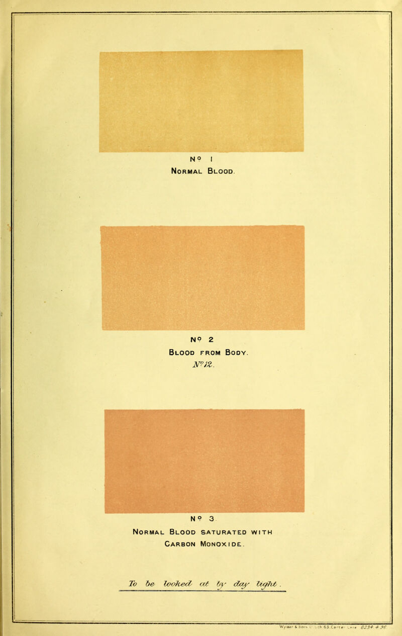 Normal Blood. N9 2 Blood from Body. N? 3 Normal Blood saturated with Carbon Monoxide. To T)& looked; oct by day IzxfJvt.