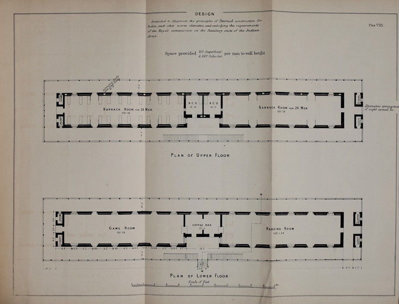 DESICN Intetufaxi /<■ illustrate the principles of*Barraxk constructions for in(iis7S, a*ut> tttJui- warm - clvrttttei$,und/embodying the/ reqitiretnestts of'ttt-e Royals commit ?iorv on- the Sanitary state of the'Indians Army- Plan VIII. Space provided m/aPefcM pev man to wall height & 1500 tnbic fed/ :> //!'. 0 ' < Plan of Lower Floor Sctrfa of Feet, .■If-S'.O-jf-j'.B—i