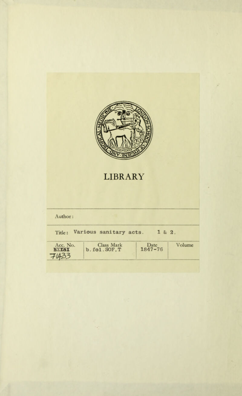 LIBRARY Author: Title: Various sanitary acts. 1 & 2. Acc. No. Class Mark Date Volume KXX8I -7/433 ,b.fol.SOF.T 1847-76