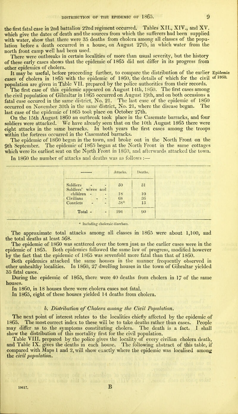 the first fatal case in 2nd battalion 22nd regiment occurred. Tables XII., XIV., and XV. which give the dates of death and the sources from which the sufferers had been supplied with water, show that there were 35 deaths from cholera among all classes of the popu- lation before a death occurred in a house, on August 27th, in which water from the north front camp well had been used. There were outbreaks in certain localities of more than usual severity, but the history of these early cases shows that the epidemic of 1865 did not differ in its progress from other epidemics of cholera. It may be useful, before proceeding further, to compare the distribution of the earlier Epidemic cases of cholera in 1865 with the epidemic of I860, the details of which for the civil of i860, population are given in Table VII. prepared by the police authorities from their records. The first case of this epidemic appeared on August 14th, I860. The first cases among the civil population of Gibraltar in 1865 occurred on August 19th, and on both occasions a fatal case occured in the same district, No. 21. The last case of the epidemic of I860 occurred on November 30th in the same district, No. 21, where the disease began. The last case of the epidemic of 1865 took place on October 27th. On the 15th August I860 an outbreak took place in the Casemate barracks, and four soldiers were attacked. We have already seen that on the 10th August 1865 there were eight attacks in the same barracks. In both years the first cases among the troops within the fortress occurred in the Casemated barracks. The epidemic of I860 began in the town, and broke out in the North Front on the 9th September. The epidemic of 1865 began at the North Front in the same cottages which were its earliest seat on the North Front in I860, and afterwards attacked the town. In I860 the number of attacks and deaths was as follows :— Attacks. Deaths. Soldiers 50 31 Soldiers' wives and children - 18 10 Civilians 68 36 Convicts 58* 13 Total - 194 90 * Including choleraic diarrhoea. The approximate total attacks among all classes in 1865 were about 1,100, and the total deaths at least 568. The epidemic of I860 was scattered over the town just as the earlier cases were in the epidemic of 1865. Both epidemics followed the same law of progress, modified however by the fact that the epidemic of 1865 was sevenfold more fatal than that of I860. Both epidemics attacked the same houses in the manner frequently observed in other unhealthy localities. In 1860, 27 dwelling houses in the town of Gibraltar yielded 35 fatal cases. During the epidemic of 1865, there were 40 deaths from cholera in 17 of the same houses. In I860, in 18 houses there were cholera cases not fatal. In 1865, eight of these houses yielded 14 deaths from cholera. b. Distribution of Cholera amorig the Civil Population. The next point of interest relates to the localities chiefly affected by the epidemic of 1865. The most correct index to these will be to take deaths rather than cases. People may differ as to the symptoms constituting cholera. The death is a fact. I shall show the distribution of this mortality first for the civil population. Table VIII. prepared by the police gives the locality of every civilian cholera death, and Table IX. gives the deaths in each house. The following abstract of this table, if compared with Maps 1 and 2, will show exactly where the epidemic was localised among the civil population. 19617. B