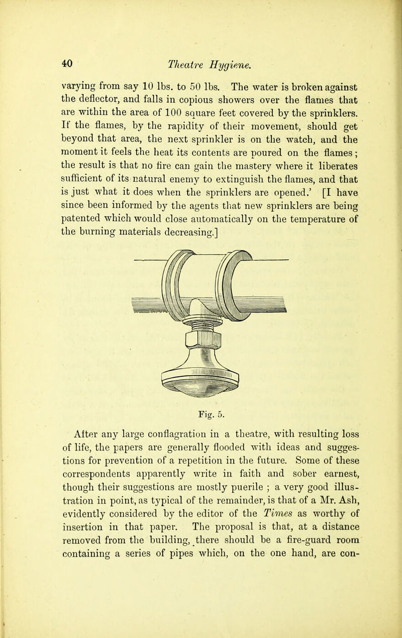 varying from say 10 lbs. to 50 lbs. The water is broken against the deflector, and falls in copious showers over the flames that are within the area of 100 square feet covered by the sprinklers. If the flames, by the rapidity of their movement, should get beyond that area, the next sprinkler is on the watch, and the moment it feels the heat its contents are poured on the flames ; the result is that no tire can gain the mastery where it liberates sufficient of its natural enemy to extinguish the flames, and that is just what it does when the sprinklers are opened.' [I have since been informed by the agents tliat new sprinklers are being patented which would close automatically on the temperature of the burning materials decreasing.] Fig. 5. After any large conflagration in a theatre, with resulting loss of life, the papers are generally flooded with ideas and sugges- tions for prevention of a repetition in the future. Some of these correspondents apparently write in faith and sober earnest, though their suggestions are mostly puerile ; a very good illus- tration in point, as typical of the remainder, is that of a Mr. Ash, evidently considered by the editor of the Times as worthy of insertion in that paper. The proposal is that, at a distance removed from the building, there should be a fire-guard room containing a series of pipes which, on the one hand, are con-
