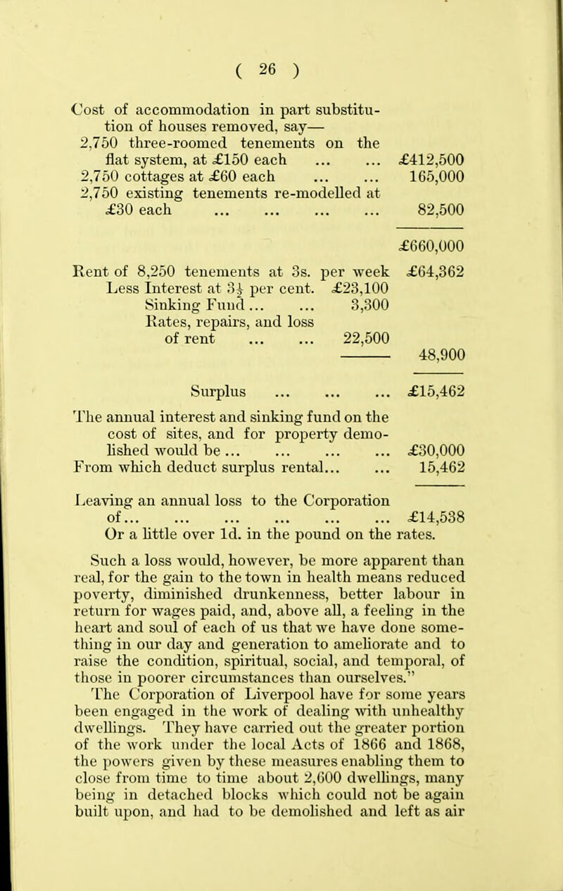Cost of accommodation in part substitu- tion of houses removed, say— 2,750 three-roomed tenements on the flat system, at £150 each ... ... £412,500 2,750 cottages at £60 each 165,000 2,750 existing tenements re-modeUed at £30 each 82,500 £660,000 Rent of 8,250 tenements at 3s. per week £64,362 Less Interest at 3^ per cent. £23,100 Sinking Fund 3,300 Kates, repairs, and loss of rent 22,500 48,900 Surplus £15,462 Tlie annual interest and sinking fund on the cost of sites, and for property demo- lished would be £30,000 From which deduct surplus rental... ... 15,462 Leaving an annual loss to the Corporation of £14,638 Or a little over Id. in the pound on the rates. Such a loss would, however, be more apparent than real, for the gain to the town in health means reduced poverty, diminished drunkenness, better labour in return for wages paid, and, above all, a feeling in the heart and soul of each of us that we have done some- thing in our day and generation to ameliorate and to raise the condition, spiritual, social, and temporal, of those in poorer circumstances than ourselves. The Corporation of Liverpool have for some years been engaged in the work of dealing with unhealthy dwellings. They have carried out the greater portion of the work under tlie local Acts of 1866 and 1868, the powers given by these measures enabling them to close from time to time about 2,600 dwelhngs, many being in detached blocks which could not be again built upon, and had to be demolished and left as air