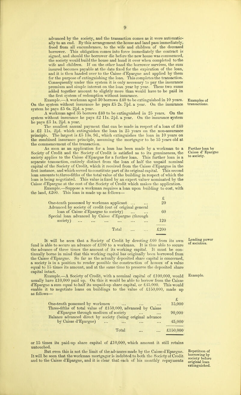 advanced by the society, and the transaction comes as it were automatic- ally to an end. By this arrangement the house and land pass immediately, freed from all encumbrance, to the wife and children of the deceased borrower. This obligation comes into force immediately the contract is signed, and should the borrower die before the new house was commenced, the society would build the house and hand it over when completed to the wife and children. If on the other hand the borrower survives, the sum insured becomes payable at the date fixed for the expiration of the loan, and it is then handed over to the Caisse d'Bpargne and applied by them for the purpose of extinguishing the loan. This completes the transaction. Consequently under this system it is only necessary to pay the insurance premium and simple interest on the loan year by year. These two sums added together amount to slightly more than would have to be paid in the first system of redemption without insurance. Example.—A workman aged 30 borrows £40 to be extinguished in 10 years. On the system without insurance he pays £5 2s. 7|d. a year. On the insurance system he pays £5 6s. 2^d. a year. A workman aged 35 borrows £40 to be extinguished in 25 years. On the system without insurance he pays £2 lis. 2^d. a year. On the insurance system he pays £3 Is. 2-^d. a year. The smallest annual payment that can be made in respect of a loan of £40 is £2 lis. 2^d. which extinguishes the loan in 25 years on the non-assurance principle. The largest is £5 13s. 9d., which extinguishes the loan in 10 years on the combined insurance principle, assuming the mortgagor to be 55 years old at the commencement of the transaction. As soon as an application for a loan has been made by a workman to a Society of Credit and the Society of Credit is satisfied as to its genuineness, the society applies to the Caisse d'Epargne for a further loan. This further loan is a separate transaction, entirely distinct from the loan of half the unpaid nominal capital of the Society of Credit, which it received from the Caisse d'Epargne in the first instance, and which served to constitute part of its original capital. This second loan amounts to three-fifths of the total value of the building in respect of which the loan is being negotiated. This value is fixed by an expert valuer nominated by the Caisse d'Epargne at the cost of the Society of Credit which makes the application. Example.—Suppose a workman requires a loan upon building to cost, with the land, £200. This loan is made up as follows— One-tenth possessed by workman applicant ... Advanced by society of credit (out of original general loan of Caisse d'Epargne to society) Special loan advanced by Caisse d'Epargne (through society) Total £ 20 60 120 £200 Examples of transactions. Further loan by Caisse d' Epargne to society. It will be seen that a Society of Credit by devoting £60 from its own fund is able to secure an advance of £180 to a workman. It is thus able to secure the advance of three times the amount of its working capital. It must be con- tinually borne in mind that this working capital has originallj' been borrowed from the Caisse d'Epargne. So far as the actually deposited share capital is concerned, a society is in a position to render possible the construction of houses of a value equal to 15 times its amount, and at the same time to preserve the deposited share capital intact. Example.—A Society of Credit, with a nominal capital of £100,000, would usually have £10,000 paid up. On this it would be able to borrow from the Caisse d'Epargne a sum equal to half its unpaid-up share capital, or £46,000. This would enable it to negotiate loans on buildings to the value of £150,000, made up as follows— £ One-tenth possessed by workmen ... ... ... 15,000 Three-fifths of total value of £150,000, advanced by Caisse d'Epargne through medium of society ... ... 90,000 Balance advanced direct by society (being original advance by Caisse d'Epargne) ... ... ... ... 45,000 Total ... ... £150,000 Lending power of societies. Example. or 15 times its paid-up share capital of £10,000, which amount it still retains untouched. But even this is not the limit of the advances made by the Caisse d'Epargne. It will be seen that the workman mortgagor is indebted to both the Society of Credit and to the Caisse d'Epargne, and it is clear that each of his monthly repayments Repetition of borrowing by society before original loan extinguished.