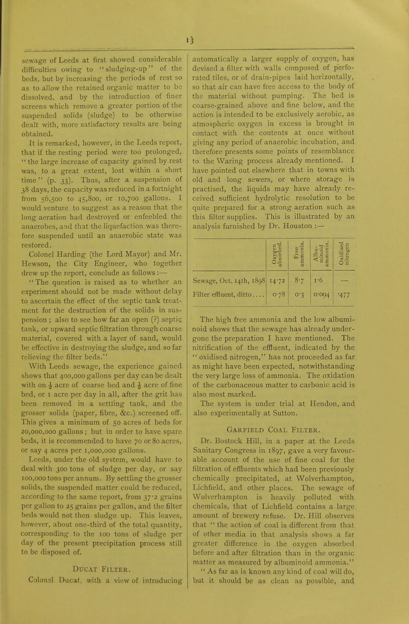 sewage of Leeds at first showed considerable difficulties owing to  sludging-up of the beds, but by increasing the periods of rest so as to allow the retained organic matter to bo dissolved, and by the introduction of finer screens w^hich remove a greater portion of the suspended solids (sludge) to be otherwise dealt with, more satisfactory results are being obtained. It is remarked, however, in the Leeds report, that if the resting period were too prolonged,  the large increase of capacity gained by rest was, to a great extent, lost within a short time (p. 33). Thus, after a suspension of 38 days, the capacity was reduced in a fortnight from 56,500 to 45,800, or 10,700 gallons. I would venture to suggest as a reason that the long aeration had destroyed or enfeebled the anaerobes, and that the liquefaction was there- fore suspended until an anaerobic state was restored. Colonel Harding (the Lord Mayor) and Mr. Hewson, the City Engineer, who together drew up the report, conclude as follows :— The question is raised as to whether an experiment should not be made without delay to ascertain the effect of the septic tank treat- ment for the destruction of the solids in sus- pension ; also to see how far an open (?) septig tank, or upward septic filtration through coarse material, covered with a layer of sand, would be eifective in destroying the sludge, and so far relieving the filter beds. With Leeds sewage, the experience gained shows that 400,000 gallons per day can be dealt with on ^ acre of coarse bed and i acre of fine bed, or i acre per day in all, after the gi'it has been removed in a settling tank, and the grosser solids (paper, fibre, &c.) screened off. This gives a minimum of 50 acres of beds for 20,000,000 gallons; but in order to have spare beds, it is recommended to have 70 or 80 acres, or say 4 acres per 1,000,000 gallons. Leeds, under the old system, would have to deal with 300 tons of sludge per day, or say 100,000 tons per annum. By settling the gi^osser solids, the suspended matter could be reduced, according to the same report, from 37*2 grains per gallon to 25 grains per gallon, and the filter beds would not then sludge up. This leaves, however, about one-third of the total quantity, corresponding to the 100 tons of sludge per day of the present precipitation process still to be disposed of. Ducat Filter. Colonel Ducat, with a view of introducing automatically a larger supply of o.xygen, has devised a filter with walls composed of perfo- rated tiles, or of drain-pipes laid horizontally, so that air can have free access to the body of the material without pumping. The bed is coarse-grained above and fine below, and the action is intended to be exclusively aerobic, as atmospheric oxygen in excess is brought in contact with the contents at once without giving any period of anaerobic incubation, and therefore presents some points of resemblance to the Waring process already mentioned. I have pointed out elsewhere that in towns with old and long sewers, or where storage is practised, the liquids may have already re- ceived sufficient hydrolytic resolution to be quite prepared for a strong aeration such as this filter supplies. This is illustrated by an analysis furnished by Dr. Houston : — Oxygen absorbed. Free ammonia. Albu- minoid ammonia. Oxidised nitrogen Sewage, Oct. 14th, 1898 Filter effluent, ditto.... 1472 078 87 0-3 1-6 0-094 •477 The high free ammonia and the low albumi- noid shows that the sewage has already under- gone the preparation I have mentioned. The nitrification of the efBuent, indicated by the  oxidised nitrogen, has not proceeded as far as might have been expected, notwithstanding the very large loss of ammonia. The oxidation of the carbonaceous matter to carbonic acid is also most marked. The system is under trial at Hendon, and also experimentally at Sutton. Garfield Coal Filter. Dr. Bostock Hill, in a paper at the Leeds Sanitary Congress in 1897, gave a very favour- able account of the use of fine coal for the filtration of effluents which had been previously chemically precipitated, at Wolverhampton, Lichfield, and other places. The sewage of Wolverhampton is heavily polluted with chemicals, that of Lichfield contains a large amount of brewery refuse. Dr. Hill observes that  the action of coal is different from that of other media in that analysis shows a far greater difference in the oxygen absorbed before and after filtration than in the organic matter as measured by albuminoid ammonia.  As far as is known any kind of coal will do, but it should be as clean as possible, and