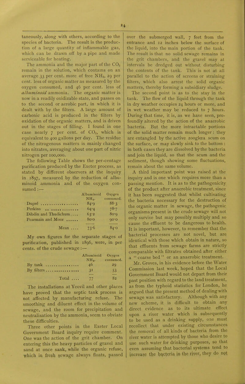 2 + taneously, along with others, according to the species of bacteria. The result is the produc- tion of a large quantity of inflammable gas, which can be drawn off by a pipe and made serviceable for heating. The ammonia and the major part of the CO2 remain in the solution, which contams on an average 33 per cent, more of free NH3, 29 per cent, less of organic matter as measured by the oxygen consumed, and 46 per cent, less of albuminoid ammonia. The organic matter is now in a readily oxidizable state, and passes on to the second or aerobic part, in which it is dealt with by the filters. A large amount of carbonic acid is produced in the filters by oxidation of the organic matters, and is driven out in the stages of filling. I found in one case nearly 7 per cent, of CO.., which is equivalent to 400 gallons per day. The residue of the nitrogenous matters is mainly changed into nitrates, averaging about one part of nitric nitrogen per 100,000. The following Table shows the per-centage purification produced by the Exeter process, as stated by different observers at the inquiry in 1897, measured by the reduction of albu- minoid ammonia and of the oxygen con- sumed :— Albuminoid Oxygen NH3. consumed. . 84-9 88-3 64-4 78-7 Dibdin and Thudichum ... 63-2 80-9 8o-o 90-0 Mean .. 73-6 84-0 My own figures for the separate stages of purification, published in 1896, were, in per cents, of the crude sewage :— Albuminoid Oxygen NHa. consumed. By tank 46 29 By filters 31 53 Total 77 82 The installations at Yeovil and other places have proved that the septic tank process is not affected by manufacturing refuse. The smoothing and diluent effect in the volume of sewage, and the room for precipitation and neutralisation by the ammonia, seem to obviate these difficulties. Three other points in the Exeter Local Government Board inquiry require comment. One was the action of the grit chamber. On entering this the heavy particles of gravel and sand at once sank, while the organic refuse, ■which in fresh sewage always floats, passed over the submerged wall, 7 feet from the entrance and 12 inches below the surface of the liquid, into the main portion of the tank. The result is that no solid sewage remains in the grit chambers, and the gravel may at intervals be dredged out without disturbing the contents of the tank. This is not at all parallel to the action of screens or straining filters, which also arrest the solid organic matters, thereby forming a subsidiary sludge. The second point is as to the stay in the tank. The flow of the liquid through the tank in dry weather occupies 24 hours or more, and in wet weather may be reduced to 7 hours. During that time, it is, as we have seen, pro- foundly altered by the action of the anaerobic bacteria. But the more intractable portions of the solid matter remain much longer : they are entangled by the active zoogloea scum on the surface, or may slowly sink to the bottom : in both cases they are dissolved by the bacteria and join the liquid, so that the scum and the sediment, though showing some fluctuations, remain about the same volume. A third important point was raised at the inquiry and is one which requires more than a passing mention. It is as to the pathogenicity of the product after anaerobic treatment, since it has been suggested that whilst cultivating the bacteria necessary for the destruction of the organic matter in sewage, the pathogenic organisms present in the crude sewage will not only survive but may possibly multiply and so cause the effluent to be dangerous to health. It is important, however, to remember that the bacterial processes are not novel, but are identical with those which obtain in nature, so that effluents from sewage farms are strictly comparable with filtrates obtained after either a  coarse bed  or an anaerobic treatment. Mr. Groves, in his evidence before the Water Commission last week, hoped that the Local Government Board would not depart from their past position with regard to the land treatment, as from the typhoid statistics for London, he argued that the present method of dealing with sewage was satisfactory. Although with any new scheme, it is difficult to obtain any direct evidence as to its ultimate effect upon a river water which is subsequently to be used as a drinking supply, one must recollect that under existing circumstances the removal of all kinds of bacteria from the river water is attempted by those who desire to use such water for drinking purposes, so that even assuming that bacterial systems tend to increase the bacteria in the river, they do nQt