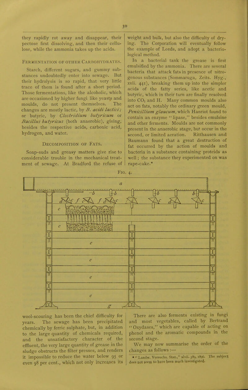 they rapidly rot away and disappear, their pectose first dissolving;-, and then their cellu- lose, while the ammonia takes up the acids. Fermentation of other CARnoHYDRATEs. Starch, different sugars, and gummy sub- stances undoubtedly enter into sewage. But their hydrolysis is so rapid, that very little trace of them is found after a short period. Those fermentations, like the alcoholic, which are occasioned by higher fungi like yeasts and moulds, do not present themselves. The changes are mostly lactic, by B. acidi lactici; or butyric, by Clostridium butyricum or Bacillus butyricus (both anaerobic), giving, besides the respective acids, carbonic acid, hydrogen, and water. Decomposition of Fats. Soap-suds and greasy matters give rise to considerable trouble in the mechanical treat- ment of sewage. At Bradford the refuse of weight and bulk, but also the difiBculty of dry- ing. The Corporation will eventually follow the example of Leeds, and adopt a bacterio- logical method. In a bacterial tank the grease is first emulsified by the ammonia. There are several bacteria that attack fats in presence of nitro- genous substances (Sommaruga, Zeits. Hyg., xvii. 441), breaking them up into the simpler acids of the fatty series, like acetic and butyric, which in their turn are finally resolved into CO2 and H. Many common moulds also act on fats, notably the ordinary green mould, Penicillium glaucum, which Hanriot found to contain an enzyme  lipase, besides emulsine and other ferments. Moulds are not commonly present in the anaerobic stage, but occur in the second, or limited aeration. Ritthausen and Baumann found that a great destruction of fat occurred by the action of moulds and bacteria in a substance containing proteids as well; the substance they experimented on was rape-cake.* Fig. 4. I I I IT I 1? -b I I 2 IT I I I wool-scouring has been the chief difficulty for years. The sewage has been precipitated chemically by ferric sulphate, but, in addition to the large quantity of chemicals required, and the unsatisfactory character of the effluent, the very large quantity of grease in the sludge obstructs the filter presses, and renders it impossible to reduce the water below 95 or even 98 per cent., which not only increases its There are also ferments existing in fungi and most vegetables, called by Bertrand  O.xydases, which are capable of acting on phenol and the aromatic compounds in the second stage. We may now summarise the order of the changes as follows :— •  Landw. Versuchs. SUt., xlvii. 389, 1896. docs not seem to have l)ocn much investigated. The subject