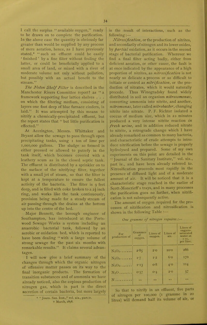 I call the surplus  available oxygen, ready to be drawn on to complete the purification. In the above case the quantity is obviously far greater than would be supplied by any process of mere aeration, hence, as I have previously stated,* such an effluent could be easily ' finished ' by a fine filter without fouling the latter, or could be beneficially applied to a small area of land, or mixed with a river of moderate volume not only without pollution, but possibly with an actual benefit to the stream. The Notoii Shelf Filter is described in the Manchester Rivers Committee reportf as  a framework supporting four lattice shelves . . . on which the filtering medium, consisting of layers one foot deep of blue furnace cinders, is laid. It was attempted by this means to nitrify a chemically-precipitated effluent, but the report states that  but little purification is effected. At Accrington, Messrs. Whittaker and Bryant allow the sewage to pass through open precipitating tanks, using i ton of lime per 1,000,000 gallons. The sludge so formed is either pressed or allowed to putrefy in the tank itself, which becomes covered with a leathery scum as in the closed septic tank. The effluent is distributed by a sprinkler on to the surface of the nitrifying filter, together with a small jet of steam, so that the filter is kept at a temperature to ensure the fullest activity of the bacteria. The filter is 9 feet deep, and is filled with coke broken to a 2^ inch ring, and works like the tank continuously, provision being made for a steady stream of air passing through the drains at the bottom up into the centre of the bed. Major Bennett, the borough engineer of Southampton, has introduced at the Ports- wood Sewage Works a system including an anaerobic bacterial tank, followed by an aerobic or oxidation bed, which is reported to have been dealing with a large volume of strong sewage for the past six months with remarkable results. It claims several advan- tages. I will now give a brief summary of the changes through which the organic nitrogen of offensive matter passes on its way to the final inorganic products. The formation of transition substances and of ammonia we have already noticed, also the copious production of nitrogen gas, which in part is the direct secretion of certain bacteria, but more largely •  Journ. San. Inst., vol. xix., part iv. + March, 1898. is the result of interactions, such as the following:— Nitrosification, or the production of nitrites, and secondarily of nitrogen and its lower oxides, by ■partial oxidation, as it occurs in the second stage of bacterial purification. Wherever we find a final filter acting badly, either from deficient aeration, or other cause, the fault is at once indicated by the appearance of a high proportion of nitrites, as nitrosification is not nearly so delicate a process or so difficult to initiate or control as nitrificatio7i, or the pro- duction of nitrates, which it would naturally precede. Thus Winogradsky found widely distributed in soil an organism nitrosomonas, converting ammonia into nitrite, and another, }iitromo?ias, later called nitrobacter, changing nitrite into nitrate. P. F. Richter isolated a coccus of medium size, which in 23 minutes produced a very intense nitrite reaction iti fresh urine, and in addition reduced nitrate to nitrite, a retrograde change which I have already remarked as common to many bacteria, and characteristic of crude attempts to intro- duce nitrification before the sewage is properly hydrolysed and prepared. Some of my own experiments on this point are detailed in the Journal of the Sanitary Institute, vol. xix., part iv., and have been already referred to. Nitrosification proceeds most rapidly in the presence of diffused light and of a moderate amount of air. It will be noticed that it is a characteristic stage reached in the earlier of Scott-Moncrieff's trays, and in many processes the purification goes no farther, when nitrifi- cation is not subsequently active. The amount of oxygen required for the pro- cesses of nitrification and nitrosification is shown in the following Table :— One gramme of nitrogen requires :— For production of Grammes of oxygen. Litres of oxygen. Litres of air. Litres of oxg}-en- saturated water at 7 cc. per litre. 2-85 2-0 lO-O 286 17 1-2 6-0 170 I-I3 0-8 4-0 114 N2O 0-57 0-4 2-0 57 So that to nitrify in an effluent, five parts of nitrogen per 100,000 (i gramme m 20 litres) will demand half its volume of air, or