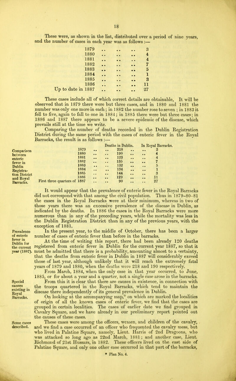 These were, as shown in the list, distributed over a period of nine years, and the number of cases in each year was as follows :— 1879 .. .. .. 3 1880 4 1881 4 1882 7 1883 .. .. 5 1884 .. .. .. 1 1885 3 1886 11 Up to date in 1887 27 These cases include all of which correct details are obtainable. It will be observed that in 1879 there were but three cases, and in 1880 and 1881 the number was only one more in each; in 1882 the number rose to seven ; in 1883 it fell to five, again to fall to one in 1884; in 1885 there were but three cases; in 1886 and 1887 there appears to be a severe epidemic of the disease, which prevails still at the time we write. Comparing the number of deaths recorded in the Dublin Registration District during the same period with the cases of enteric fever in the Royal Barracks, the result is as follows :— Comparison betweeu enteric fever in Dublin Registra- tion District and Royal Barracks. Prevalence of enteric fever in Dublin for the current year (1887). Special causes existing in Royal Barracks. Some cases described. 1879 1880 1881 1882 1883 1884 1885 1886 First three quarters of 1887 Deaths in Dublin. 218 190 123 135 132 134 144 129 90 In Royal Barracks. 3 4 4 7 5 1 3 11 27 It would appear that the prevalence of enteric fever in the Royal Barracks did not correspond with that among the civil population. Thus in 1879-80-81 the cases in the Royal Barracks were at their minimum, whereas in two of those years there was an excessive prevalence of the disease in Dublin, as indicated by the deaths. In 1886 the cases in the Royal Barracks were more numerous than in any of the preceding years, while the mortality was less in the Dublin Registration District than in any of the previous years, with the exception of 1881. In the present year, to the middle of October, there has been a larger number of cases of enteric fever than before in the barracks. At the time of writing this report, there had been already 120 deaths registered from enteric fever in Dublin for the current year 1887, so that it must be admitted that there is a probability, amounting almost to a certainty, that the deaths from enteric fever in Dublin in 1887 will considerably exceed those of last year, although unlikely that it will reach the extremely fatal years of 1879 and 1880, when the deaths were 218 and 190 respectively. From March, 1884, when the only case in that year occurred, to June, 1885, or for about a year and a quarter, not a single case arose in the barracks. From this it is clear that there are causes in existence, in connection with the troops quartered in the Royal Barracks, which tend to maintain the disease there independently of its general prevalence in Dublin. On looking at the accompanying map,' on which are marked the localities of origin of all the known cases of enteric fever, we find that the cases are grouped in certain localities. The cases of earlier date we find grouped in Cavalry Square, and we have already in our preliminary report pointed out the causes of these cases. These cases were among the officers, wcmen, and children of the cavalry, and we find a case occurred of an officer who frequented the cavalry mess, but who lived in Palatine Square, namely, Lieut. Harris of 2nd Dragoons, who was attacked so long ago as 22nd March, 1881 ; and another case, Lieut. Richmond of 21st Hussars, in 1882. These officers lived on the east side of Palatine Square, and only one other case occurred in that part of the barracks, * Plan No. 4.