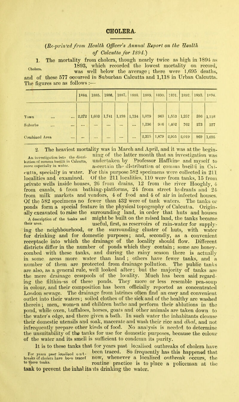 CHOLERA. {Re-prin^ed from Health Officers Annual Report on the Health of Calcutta for 1894.) 1. The mortality from cholera, though nearly twice as high in 1891 as 1893, which recorded the lowest mortality on record, was well below the average; there were 1,695 deaths, and of these 577 occurred in Suburban Calcutta and 1,118 in Urban Calcutta. The figures are as follows :— 1884. 1885. 1886. 1887. 1888. 1889. 1890. 1891. 1892. 1893. 1>^94. Town 2,272 1,603 1,741 1,198 1,734 1,079 963 1,5.53 1,257 596 1,118 Suburbs 1,236 916 1,402 762 273 577 Combined Area 2,31.5 1,879 2,955 2.019 869 1,695 2. The heaviest mortality was in March and April, and it was at the begin- , . ■•,„.; ning of the latter month that an investiijration was An investigation int.) the distu- f . i i x) 4? xr isi • i i butionof comma bacilli in Calcutta, Undertaken by Froiessor HaiikmH and myself to more especiiviiy in watet-. a^cerraiti tile (listril)ution ot corumn bncilii in Cai- <:utra, specially in writer. Tor this purpose 582 specimens were collected in 211 localities and examined. Of the 211 localities, 110 were from tanks, 15 from private wells inside houses, 26 from drains, 12 from rhe river Hooghly, 4i from canals, 4 from bathing-platforms, 24 from street hydrants and 24 from milk markets and vendors, 4 of food and 4 of air in infected houses. Of the 582 specimens no fewer than 432 were of tank waters. The tanks or ponds form a special feature in the physical topography of Calcutta. Origin- ally excavated to raise the surrounding land, in order that huts and houses A description of the tanks and might be built on the raised land, the tanks became their uses. uscful, first, as rcscrvoirs of rain-water for supply- ing the neighbourhood, or the surrounding cluster of huts, with water for drinking and for domestic purposes; and, secondly, as a convenient receptacle into which the drainage of the locality should flow. Different districts differ in the number of ponds which they contain; some are honey- combed with these tanks, and during the rainy season there is actually in some areas more water than land ; others have fewer tanks, and a number of them are protected from drainage pollution. The public tanks are also, as a general rule, well looked after; but the majority of tanks are the mere drainage cesspools of the locality. Much has been said regard- ing the filthiui^ss of these ponds. They more or less resemble pea-soup in colour, and their composition has been officially reported as concentrated London sewage. The drainage from latrines often find an easy and convenient outlet into their waters; soiled clothes of the sick and of the healthy are washed therein; men, wom^^n and children bathe and perform their ablutions in the pond, while oxen, l.uffaloes, horses, goats and other animals are taken down to the water's edge, and there given a bath. In such water the inhabitants cleanse their domestic utensils and soak, macerate and wash their rice and dhal, and not infrequently prepare other kinds of food. No analysis is needed to determine the unsuitability of the tanks for use for domestic purposes, because the colour of the water and its smell is sufficient to condemn its purity. It is to these tanks that for years past loaaiised outbreaks of cholera have For years pa.r lacdisod out- ^^eu traced. So frequently has this happened that breaks of cholera have be^'u traced now, whenever a localised Outbreak occurs, the to these tanks. routiue practicc is to place a policeman at the taak to prevent the inhalita its drinking the water.