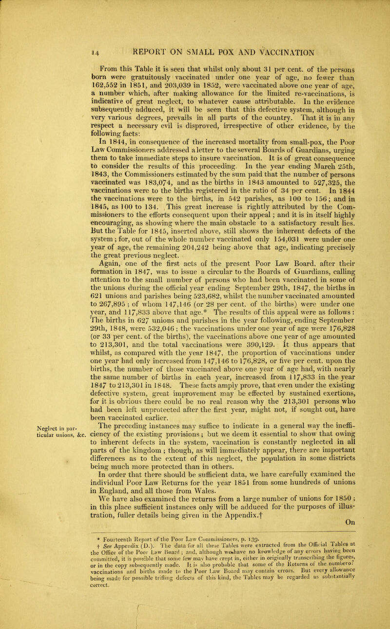 From this Table it is seen that whilst only about 31 per cent, of the persons born were gratuitously vaccinated under one year of age, no fewer than 162,552 in 1851, and 203,039 in 1852, were vaccinated above one year of age, a number which, after making allowance for the limited re-vaccinations, is indicative of great neglect, to whatever cause attributable. In the evidence subsequently adduced, it will be seen that this defective system, although in very various degrees, prevails in all parts of the country. That it is in any respect a necessary evil is disproved, irrespective of other evidence, by the following facts: * In 1844, in consequence of the increased mortality from small-pox, the Poor Law Commissioners addressed a letter to the several Boards of Guardians, urging them to take immediate steps to insure vaccination. It is of great consequence to consider the results of this proceeding. In the year ending March 25th, 1843, the Commissioners estimated by the sum paid that the number of persons vaccinated was 183,074, and as the births in 1843 amounted to 527,326, the vaccinations were to the births registered in the ratio of 34 per cent. In 1844 the vaccinations were to the births, in 542 parishes, as 100 to 156; and in 1845, as 100 to 134. This great increase is rightly attributed by the Com- missioners to the efforts consequent upon their appeal; and it is in itself highly encouraging, as showing where the main obstacle to a satisfactory result lies. But the Table for 1845, inserted above, still shows the inherent defects of the system ; for, out of the whole number vaccinated only 154,031 were under one year of age, the remaining 204,242 being above that age, indicating precisely the great previous neglect. Again, one of the first acts of the present Poor Law Board, after their formation in 1847, was to issue a circular to the Boards of Guardians, calling attention to the small number of persons who had been vaccinated in some of the unions during the official year ending September 29th, 1847, the births in 621 unions and parishes being 523,682, whilst the number vaccinated amounted to 267,895 ; of whom 147,146 (or 28 per cent, of the births) were under one year, and 117,833 above that age.* The results of this appeal were as follows : 'J'he births in 627 unions and parishes in the year following, ending September 29th, 1848, were 532,046 ; the vaccinations under one year of age were 176,828 (or 33 per cent, of the births), the vaccinations above one year of age amounted to 213,301, and the total vaccinations were 390,129. It thus appears that whilst, as compared with the year 1847, the proportion of vaccinations under one year had only increased from 147,146 to 176,828, or five per cent, upon the births, the number of those vaccinated above one year of age had, with nearly the same number of births in each year, increased from 117,833 in the year 1847 to 213,301 in 1848. These facts amply prove, that even under the existing defective system, great improvement may be effected by sustained exertions, for it is obvious there could be no real reason why the 213,301 persons who had been left unprotected after the first year, might not, if sought out, have been vaccinated earlier. Neo-lect in par- The preceding instances may sufiice to indicate in a general way the ineffi- ticular unions, &c, ciency of the existing provisions; but we deem it essential to show that owing to inherent defects in the system, vaccination is constantly neglected in all parts of the kingdom ; though, as will immediately appear, there are important differences as to the extent of this neglect, the population in some districts being much more protected than in others. In order that there should be sufficient data, we have carefully examined the individual Poor Law Returns for the year 1851 from some hundreds of unions in England, and all those from Wales. We have also examined the returns from a large number of unions for 1850 ; in this place sufficient instances only will be adduced for'the purposes of illus- tration, fuller details being given in the Appendix.f On * Fourteenth Report of the Poor Lav/ Commissioners, p. 133. t See Appendix (D.). 'I'he data for all these Tables were extracted from the Official Tables at the Office of the Poor Law iJoard ; and, although we*.have no knowledge of any errors having been committed, it is possible that some few mav have crept in, either in originally transcribing the figures, or in the copy subsequently made. It is also probable that some of the Returns of the-numberoT vaccinations and births made to the Poor Law Board may contain errors. But every allowance being made for possible trifling defects of tliis kind, the Tables may be regarded as substantially correct.