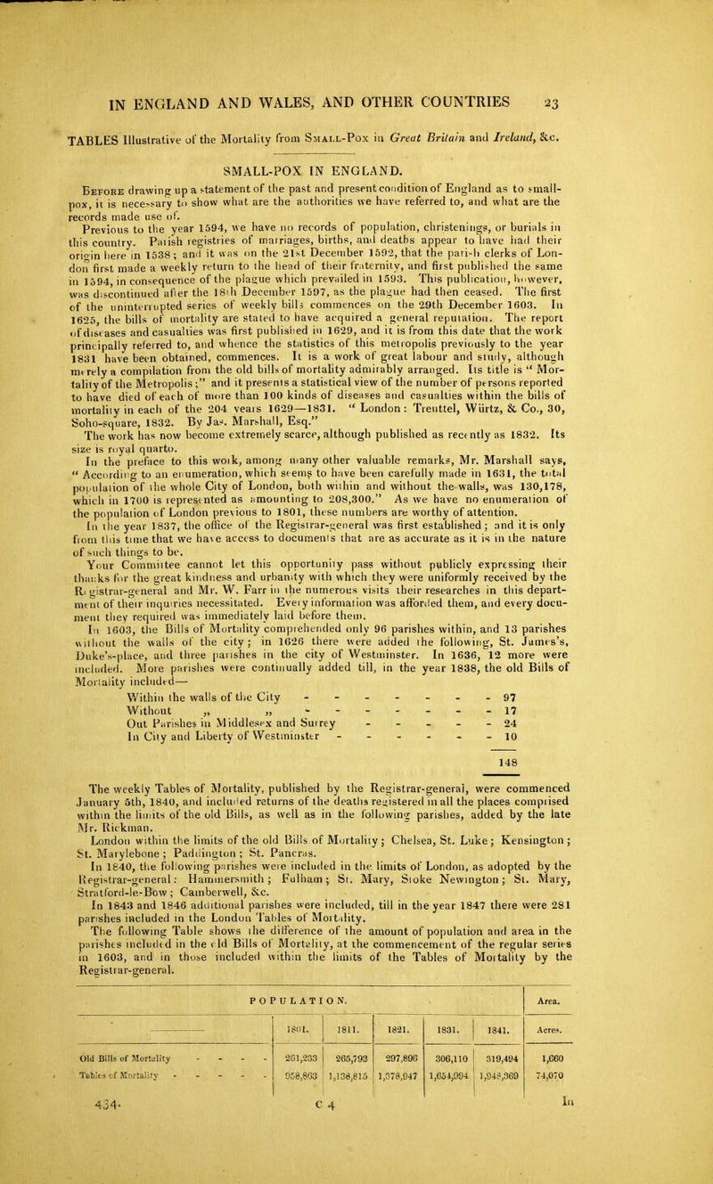 TABLES Illustrative of the Mortality from Small-Pox ia Great Britain and Ireland, &c. SMALL-POX IN ENGLAND. Before drawing up a statement of the past and present condition of England as to small- pox, it is nece--sary to show what are the authorities we have referred to, and what are the records made use of. Previous to the year 1594, we have no records of population, christenings, or burials in this country, Paiish registries of marriages, births, and deaths appear to have liad their orioin here in 1538; and it was on the 21st December 1592, that the pari-li clerks of Lon- don first made a weekly return to the head of their fraternity, and first published the same in 1594, in consequence of the plague which prevailed in 1593. This publication, hi.wever, WHS discontinued afier the 18ih December 1597, as the plague had then ceased. The first of the uninterrupted series of weekly bilh commences on the 29th December 1603. In 1625, the bills of mortality are stated to have acquired a general reputation. The report of diseases and casualties was first pubiislied in 1629, and it is from this date that the work principally referred to, and whence the statistics of this metropolis previously to the year 1831 have been obtained, commences. It is a work of great labour and study, although merely a compilation from the old bills of mortality admirably arranged. Its title is  Mor- tality of the Metropolis; and it presents a statistical view of the number of persons reported to have died of each of more than 100 kinds of diseases and casualties within the bills of mortality in each of the 204 vears 1629—1831.  London: Tieuttel, Wiirtz, & Co., 30, Soho-square, 1832. By Jas. Marshall, Esq. The work has now become extremely scarce, although published as recently as 1832. Its size is royal quarto. In the preface to this woik, among many other valuable remarks, Mr. Marshall says,  According to an enumeration, which seem? to have been carefully made in 1631, the totnl poijulaiion of the whole City of London, both within and without the-walls, was 130,178, which in 1700 is represented as timounting to 208,300. As we have no enumeration of the population of London previous to 1801, these numbers are worthy of attention. In the year 1837, the office of the Registrar-general was first established ; and it is only from tins time that we have access to docuraenis that are as accurate as it is in the nature of such things to be. Your Committee cannot let this opportunity pass without publicly expressing their thanks for the great kindness and urbanity with which they were uniformly received by the Rt gistrar-general and Mr. W. Farr in the numerous visits iheir researches in this depart- ment of their inquiries necessitated. Every information was afforded them, and every docu- ment they required was immediately laid before them. In 1603, the Bills of Mortality comprehended only 96 parishes within, and 13 parishes v\itliout the walls of the city; in 1626 there were added the following, St. James's, Duke's-place, and three parishes in the city of Westminster. In 1636, 12 more were included. More parishes were continually added till, in the year 1838, the old Bills of Mortality included — Within the walls of the City 97 Without „ „' ------- 17 Out Parishes in Middlesex and Surrey ----- 24 In City and Liberty of Westminster ------ 10 148 The weekly Tables of MortaUty, published by the Registrar-general, were commenced January 5th, 1840, and incluiled returns of the deatlis registered in all the places comprised within the limits of the old Bills, as well as in the following parishes, added by the late JMr. Rickman. London within the limits of the old Bills of Mortality; Chelsea, St. Luke; Kensington ; St. Marylebone ; Paddingtun ; St. Pancras. In 1840, the following p;irishes were included in the limits of London, as adopted by the Registrar-general: Hammersmith; Fulham; St. Mary, Sioke Newington; St. Mary, Stratfoni-le-Bow ; Cainberwell, &.c. In 1843 and 1846 additional parishes were included, till in the year 1847 there were 281 parishes included in the London Tables of Mort dity. The following Table shows the difference of the amount of population and area in the pvuishes incliuUd in the eld Bills of Mortality, at the commencement of the regular series in 1603, and in those included within the limits of the Tables of Mortality by the Registrar-general. POPULATION. Area. 1801. 1811. 1821. 1831. 1841. Acres. Old Bills of Mortality - . . - .Tables tf Mortality 261,233 958,863 265,793 1,138,815 297,896 1,378,947 306,110 l,65i,994 319,494 1,948,369 1,660 -4,070 434. c 4 In