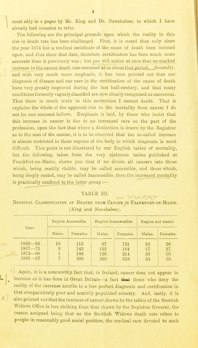 most ably in a paper by Mr. King and Dr. Nowsholme, to which I have ah-eady had occasion to refer. The following are the principal grounds upon which the reality in this rise in death rate has been challenged. First, it is noted that only since the year 1874 has a medical certificate of the cause of death been insisted upon, and that since that date, therefore, certification has been much more accurate than it previously was ; but you will notice at once that no marked increase in the cancer death rate occurred at or about tba,t periodj (Secondly, and with very much more emphasis, it has been pointed out that our diagnosis of disease and our care in the certification of the cause of death have very greatly improved during the last half-century, and that many conditions formerly vaguely classified are now clearly recognised as cancerous. That there is much truth in this contention I cannot doubt. That it explains the whole of the apparent rise in the mortality from cancer I do not for one moment believe. Emphasis is laid, by those who insist that this increase in cancer is due to an increased care on the part of the profession, upon the fact that where a distinction is drawn by the Registrar as to the seat of the cancer, it is to be observed that the so-called increase is almost restricted to those regions of the body in which diagnosis is most difQcult. This point is not illustrated by our English tables of mortahty, but the following, taken from the very elaborate tables published at Frankfort-on-Maine, shows you that if we divide all cancers iato those which, being readily visible, may be called accessible, and those which, being deeply seated, may be called inaccessible, then the increased mortality is practically confined to the latter group :— TABLE III. Regional Classification op Deaths fkom Cancek in Fbankfobt-on-Maine. (King and Newsholme). Year. Region Accessible. Region Inaccessible. Region not stated. Males. Females. Males. Females. Males. Females. 1860—66 10 115 97 121 33 28 1867—73 9 143 132 164 17 27 1874—80 1 186 220 214 39 20 1881—87 7 206 269 318 54 53 ' ' • Again, it is a noteworthy fact that, in Ireland, cancer does not appear to ^ increase as it has done in Great Britain—a fact tb«a those who deny the reality of the increase ascribe to a less perfect diagnosis and certification in ^ that comparatively poor and scantily populated country. And, lastly, it is also pointed out that the increase of cancer shown by the tables of the Scottish Widows Office is less striking than that shown by the Registrar General, the reason assigned being that as the Scottish Widows death rate refers to people in reasonably good social position, the medical care devoted to such