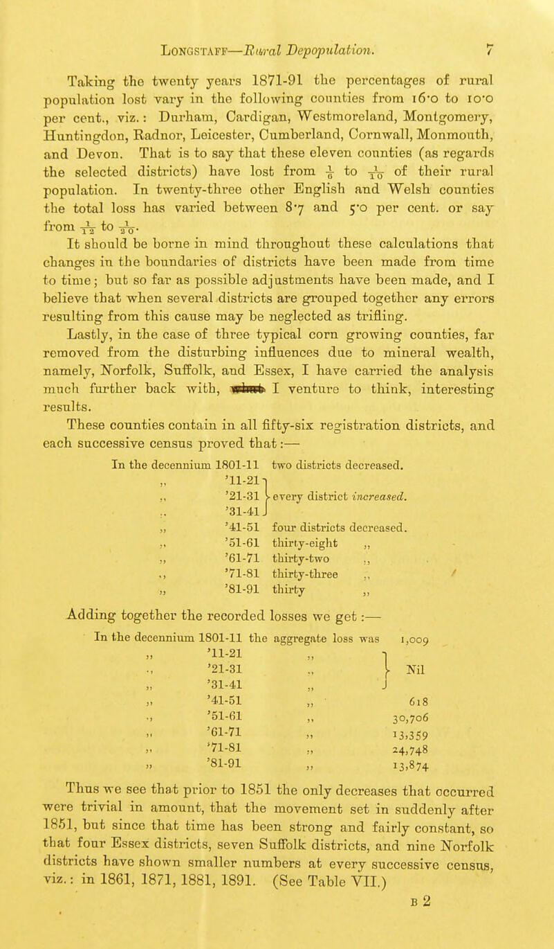 Taking the twenty years 1871-91 the percentages of rural popuhition lost vary in the following counties from i6'0 to io*o per cent., viz.: Durham, Cardigan, Westmoreland, Montgomery, Huntingdon, Radnor, Leicester, Cumberland, Cornwall, Monmouth, and Devon. That is to say that these eleven counties (as regards the selected districts) have lost from i to ^'^ of their rural population. In twenty-thi'ee other English and Welsh counties the total loss has vai-ied between 87 and 5-0 per cent, or say from iV *o aV- It should be borne in mind throughout these calculations that changes in the boundaries of districts have been made from time to time; but so far as possible adjustments have been made, and I believe that when several districts are grouped together any errors resulting from this cause may be neglected as trifling. Lastly, in the case of three typical corn growing counties, far removed from the disturbing influences due to mineral wealth, namely, Norfolk, Suffolk, and Essex, I have carried the analysis much further back with, itte^ I venture to think, interesting results. These counties contain in all fifty-six registration districts, and each successive census proved that:— In the decennium 1801-11 two districts decreased. '11-211 '21-31 V- every district increased. '31-41J '41-51 four districts decreased. '51-61 thirty-eight '61-71 thirty-two '71-81 thirty-three ., ^ '81-91 thirty Adding together the recorded losses we get:— In the decennium 1801-11 the aggregate loss was '11-21 '21-31 '31-41 '41-51 '51-fil '61-71 '71-81 '81-91 1,009 Nil 618 30,706 i3>359 24.748 13.874 Thus we see that prior to 1851 the only decreases that occurred were trivial in amount, that the movement set in suddenly after 1851, but since that time has been strong and fairly constant, so that four Essex districts, seven Suffolk districts, and nine Norfolk districts have shown smaller numbers at every successive census, viz.: in 1861, 1871, 1881, 1891. (See Table VII.) B 2