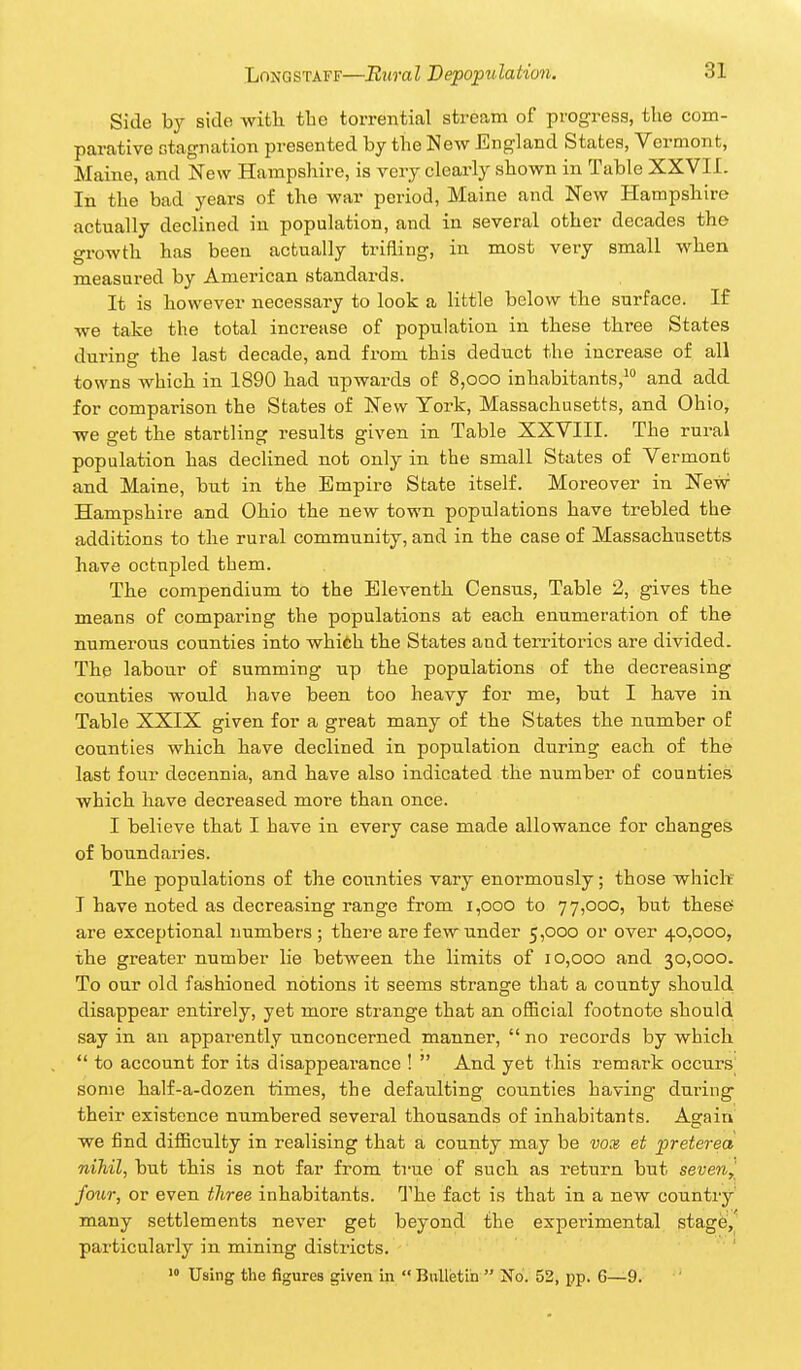 Side by side -vvitli the torrential stream of progress, the com- parative stagnation presented by the New England States, Vermont, Maine, and New Hampshire, is very clearly shown in Table XXVII. In the bad years of the war period, Maine and New Hampsliire actually declined in population, and in several other decades the growth has beea actually trifling, in most very small when measured by American standards. It is however necessary to look a little below tbe surface. If we take the total increase of population in these three States during the last decade, and from this deduct the increase of all towns which in 1890 bad upwards of 8,000 inhabitants,^ and add for comparison the States of New York, Massachusetts, and Ohio, we get the startling results given in Table XXVIII. The rural population has declined not only in the small States of Vermont and Maine, but in the Empire State itself. Moreover in New Hampshire and Ohio the new town populations have trebled the additions to the rural community, and in the case of Massacbusetts have octupled them. The compendium to the Eleventh Census, Table 2, gives tbe means of comparing the populations at each enumeration of the numerous counties into whifth the States and territories are divided. The labour of summing up the populations of the decreasing counties would have been too heavy for me, but I have in Table XXIX given for a great many of the States the number of counties which, have declined in population during each, of the last four decennia, and have also indicated the number of counties which have decreased more than once. I believe that I have in every case made allowance for changes of boundaries. The populations of the counties vary enormously; those which T have noted as decreasing range from 1,000 to 77,000, but thesef are exceptional numbers ; there are few under 5,000 or over 40,000, the greater number lie between the limits of 10,000 and 30,000. To our old fashioned notions it seems strange that a county sbould disappear entirely, yet more strange that an official footnote should say in an apparently unconcerned manner,  no records by which.  to account for its disappearance !  And yet this remark occurs some half-a-dozen times, the defaulting counties having during their existence numbered several thousands of inhabitants. Again we find difficulty in realising that a county may be vox et preterea nihil, but this is not far from true of sucb as return but seveUy four, or even tliree inhabitants. The fact is that in a new country' many settlements never get beyond the experimental stage,' particularly in mining disti-icts. •» Using the figures given in  Bulletin  No. 52, pp. 6—9.