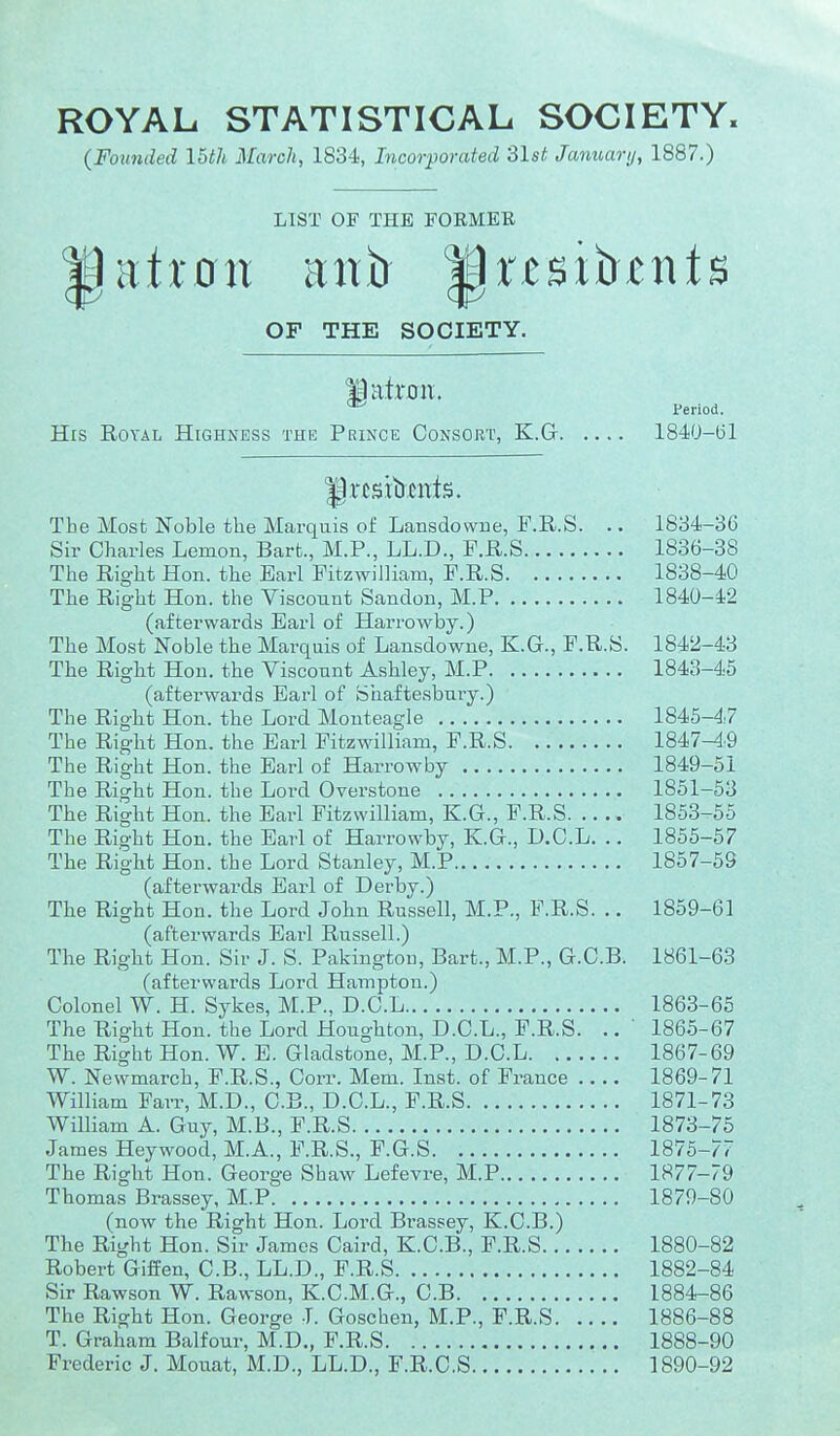 ROYAL STATISTICAL SOCIETY. (Founded l^th March, 1834, Incorporated 'ilst Januanj, 1887.) LIST OF THE FORMER OF THE SOCIETY. ^ atoll. Hrs Royal Highness the Prince Consort, K.Gt. Period. 1840-61 The Most Noble the Marquis of Lansdovvue, F.R.S. .. 1884-36 Sir Charles Leraon, Barfc., M.P., LL.D., F.R.S 1836-38 The Right Hon. the Earl Fitzwilliam, F.R.S 1838-40 The Right Hon. the Viscount Sandon, M.P 1840-42 (afterwards Earl of Harrowby.) The Most Noble the Marquis of Lansdowne, K.G., F.R.S. 1842-43 The Right Hon. the Viscount Ashley, M.P 1843-45 (afterwards Earl of Shaftesbury.) The Right Hon. the Lord Monteagle 1845-47 The Right Hon. the Earl Fitzwilliam, F.R.S 1847-49 The Right Hon. the Earl of Harrowby 1849-51 The Right Hon. the Lord Overstone 1851-53 The Right Hon. the Earl Fitzwilliam, K.G., F.R.S 1853-55 The Right Hon. the Earl of Harrowby, K.G., D.C.L. .. 1855-57 The Right Hon. the Lord Stanley, M.P 1857-59 (afterwards Earl of Derby.) The Right Hon. the Lord John Russell, M.P., F.R.S. .. 1859-61 (afterwards Earl Russell.) The Right Hon. Sir J. S. Pakington, Bart., M.P., G.C.B. 1861-63 (afterwai'ds Lord Hampton.) Colonel W. H. Sykes, M.P., D.C.L 1863-65 The Right Hon. the Lord Houghton, D.C.L., F.R.S. .. ' 1865-67 The Right Hon. W. E. Gladstone, M.P., D.C.L 1867-69 W. Newmarch, F.R.S., Corr. Mem. Inst, of France 1869-71 William Farr, M.D., C.B., D.C.L., F.R.S 1871-73 William A. Guy, M.B., F.R.S 1873-75 James Heywood, M.A., F.R.S., F.G.S 1875-77 The Right Hon. George Shaw Lefevre, M.P 1877-79 Thomas Brassey, M.P 1879-80 (now the Right Hon. Lord Brassey, K.C.B.) The Right Hon. Sir James Caird, K.C.B., F.R.S 1880-82 Robert Giffen, C.B., LL.D., F.R.S 1882-84 Sir Rawson W. Rawson, K.C.M.G., C.B 1884-86 The Right Hon. George T. Goschen, M.P., F.R.S 1886-88 T. Graham Balfour, M.D., F.R.S 1888-90 Frederic J. Mouat, M.D., LL.D., F.R.C.S 1890-92