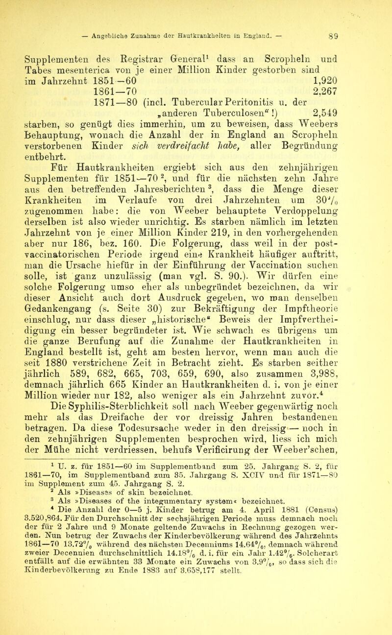 Supplementen des Registrar General1 dass an Scropheln und Tabes mesenterica von je einer Million Kinder gestorben sind im Jahrzehnt 1851-60 1,920 1861—70 2,267 1871—80 (incl. Tubercular Peritonitis u. der „anderen Tuberculosen !) 2,549 starben, so genügt dies immerhin, um zu beweisen, dass Weebers Behauptung, wonach die Anzahl der in England an Scropheln verstorbenen Kinder sich verdreifacht habe, aller Begründung entbehrt. Für Hautkrankheiten ergiebt sich aus den zehnjährigen Supplementen für 1851—70 2, und für die nächsten zehn Jahre aus den betreffenden Jahresberichten3, dass die Menge dieser Krankheiten im Verlaufe von drei Jahrzehnten um 30J/o zugenommen habe: die von Weeber behauptete Verdoppelung derselben ist also wieder unrichtig. Es starben nämlich im letzten Jahrzehnt von je einer Million Kinder 219, in den vorhergehenden aber nur 186, bez. 160. Die Folgerung, dass weil in der post- vaccinatorischen Periode irgend ein^ Krankheit häufiger auftritt, man die Ursache hiefür in der Einführung der Vaccination suchen solle, ist ganz unzulässig (man vgl. S. 90.). Wir dürfen eine solche Folgerung umso eher als unbegründet bezeichnen, da wir dieser Ansicht auch dort Ausdruck gegeben, wo man denselben Gedankengang (s. Seite 30) zur Bekräftigimg der Impftheorie einschlug, nur dass dieser „historische Beweis der Impfverthei- digung ein besser begründeter ist. Wie schwach es übrigens um die ganze Berufung auf die Zunahme der Hautkrankheiten in England bestellt ist, geht am besten hervor, wenn man auch die seit 1880 verstrichene Zeit in Betracht zieht. Es starben seither jährlich 589, 682, 665, 703, 659, 690, also zusammen 3,988, demnach jährlich 665 Kinder an Hautkrankheiten d. i. von je einer Million wieder nur 182, also weniger als ein Jahrzehnt zuvor.4 Die Syphilis-Sterblichkeit soll nach Weeber gegenwärtig noch mehr als das Dreifache der vor dreissig Jahren bestandenen betragen. Da diese Todesursache weder in den dreissig — noch in den zehnjährigen Supplementen besprochen wird, liess ich mich der Mühe nicht verdriessen, behufs Verificirung der Weeber'schen, 1 IL z. für 1851—60 im Supplementband zum 25. Jahrgang S. 2, für 1861—70, im Supplementband zum 35. Jahrgang S. XOIV und für 1871—80 im Supplement zum 45. Jahrgang S. 2. 2 Als »Diseasas of skin bezeichnet. 3 Als »Diseases of the integumentary system« bezeichnet. 4 Die Anzahl der 0—5 j. Kinder betrug am 4. April 1881 (Census) 3.520,864. Für den Durchschnitt der sechsjährigen Periode muss demnach noch der für 2 Jahre und S Monate geltende Zuwachs in Eechnung gezogen wer- den. Nun betrug der Zuwachs der Kinderbevölkerung während des Jahrzehnts 1861—70 13.72% während des nächsten Decenniums 14.64%, demnach während zweier Decennien durchschnittlich 14.18% d. i. für ein Jahr 1.42%. Solcherart entfällt auf die erwähnten 33 Monate ein Zuwachs von 3.9%, so dass sich die Kinderbevölkerung zu Ende 1883 auf 3.658,177 stellt.
